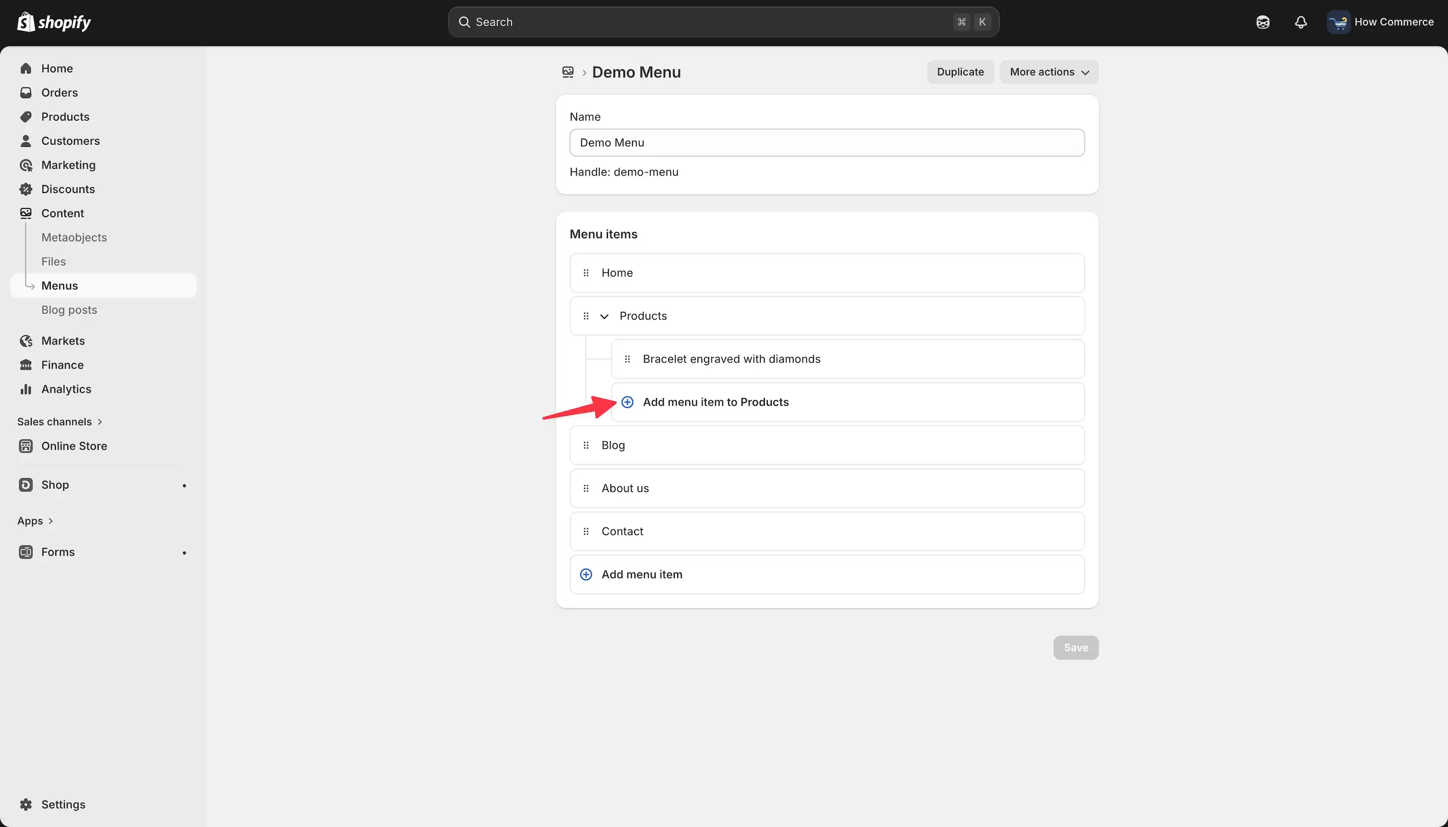 Add a new menu item as child or level 2 under a parent menu item inside a menu in Shopify admin