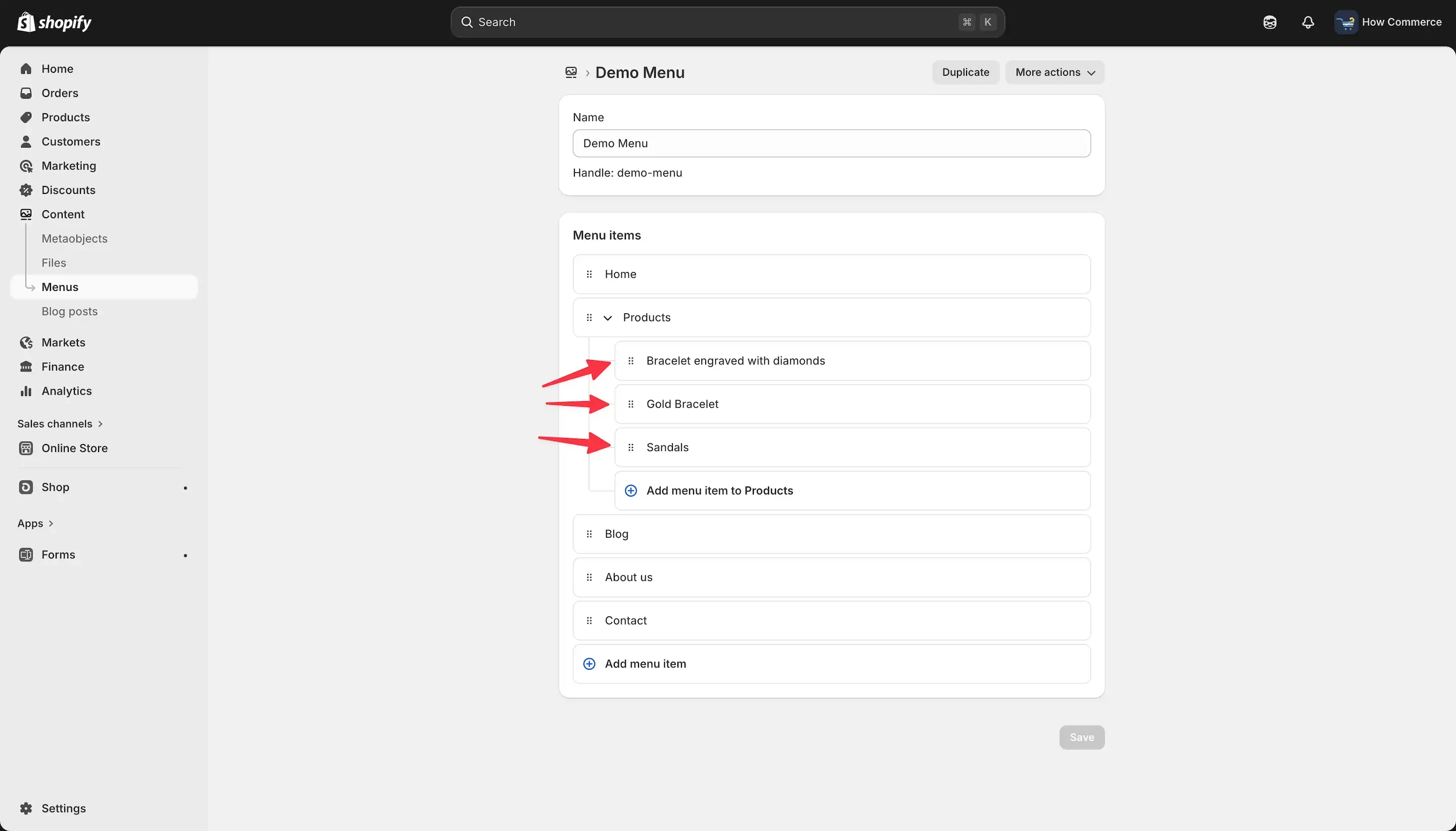 Multiple child or level 2 menu items under a parent menu item or level 1
