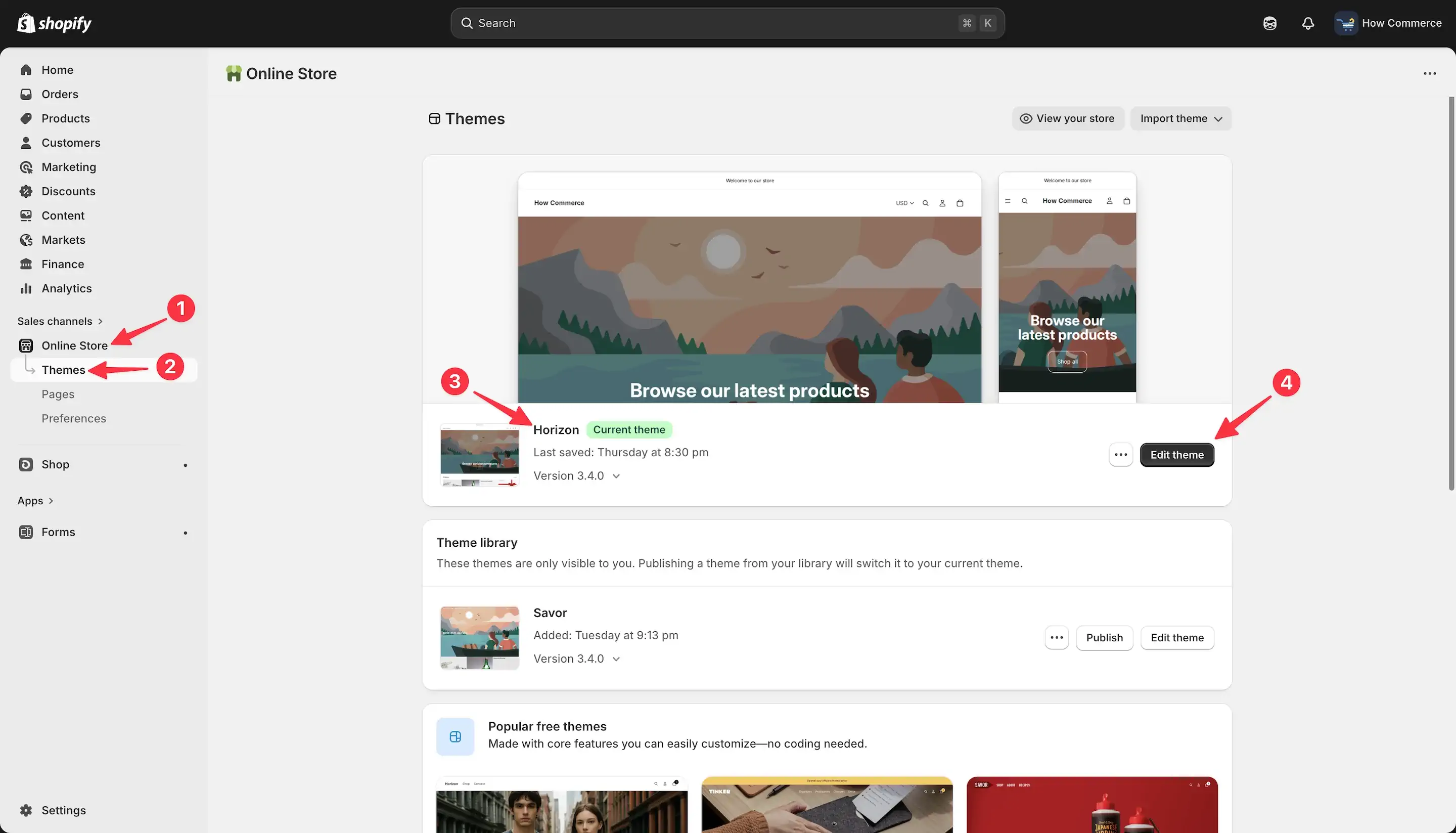 Shopify theme listing page in admin