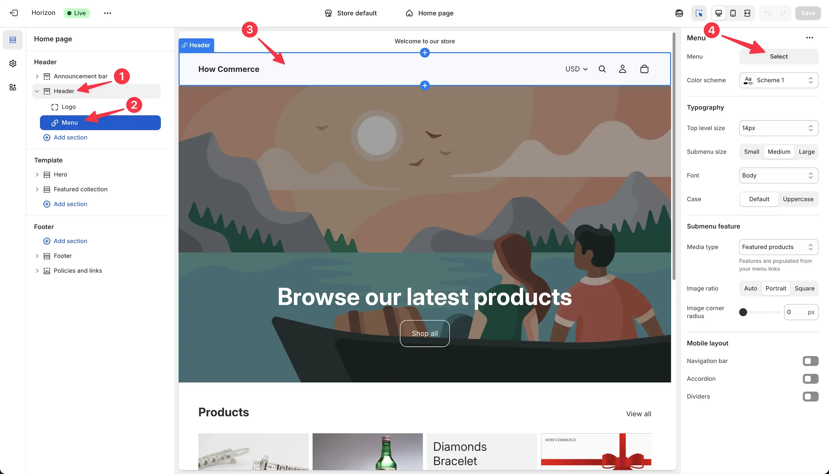 Select a menu position inside Shopify admin via the theme editor