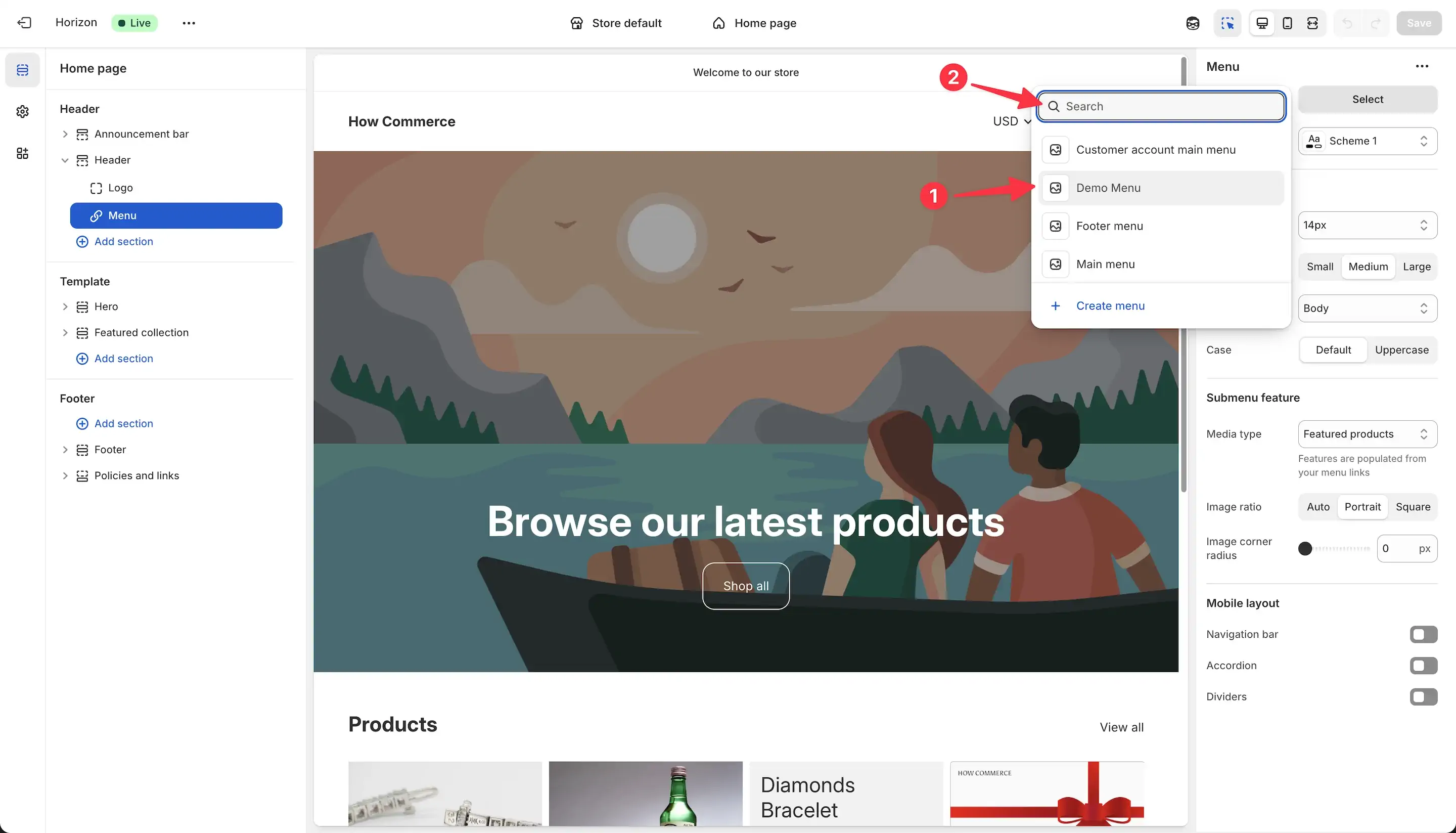 Multiple menus in a modal drop-down in the Shopify theme editor