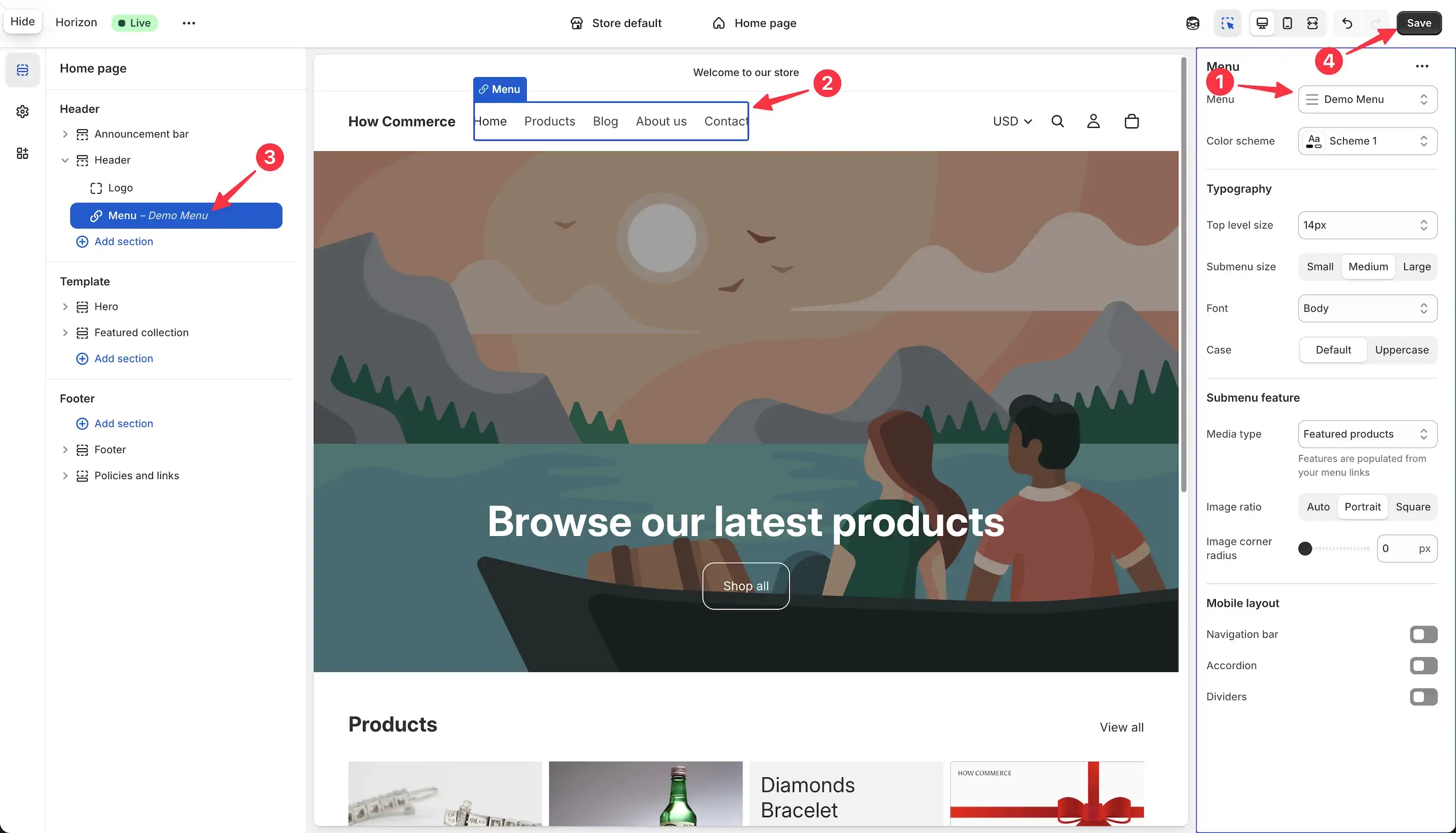 Menu selected and assigned to a position via block inside Shopify admin via the theme editor