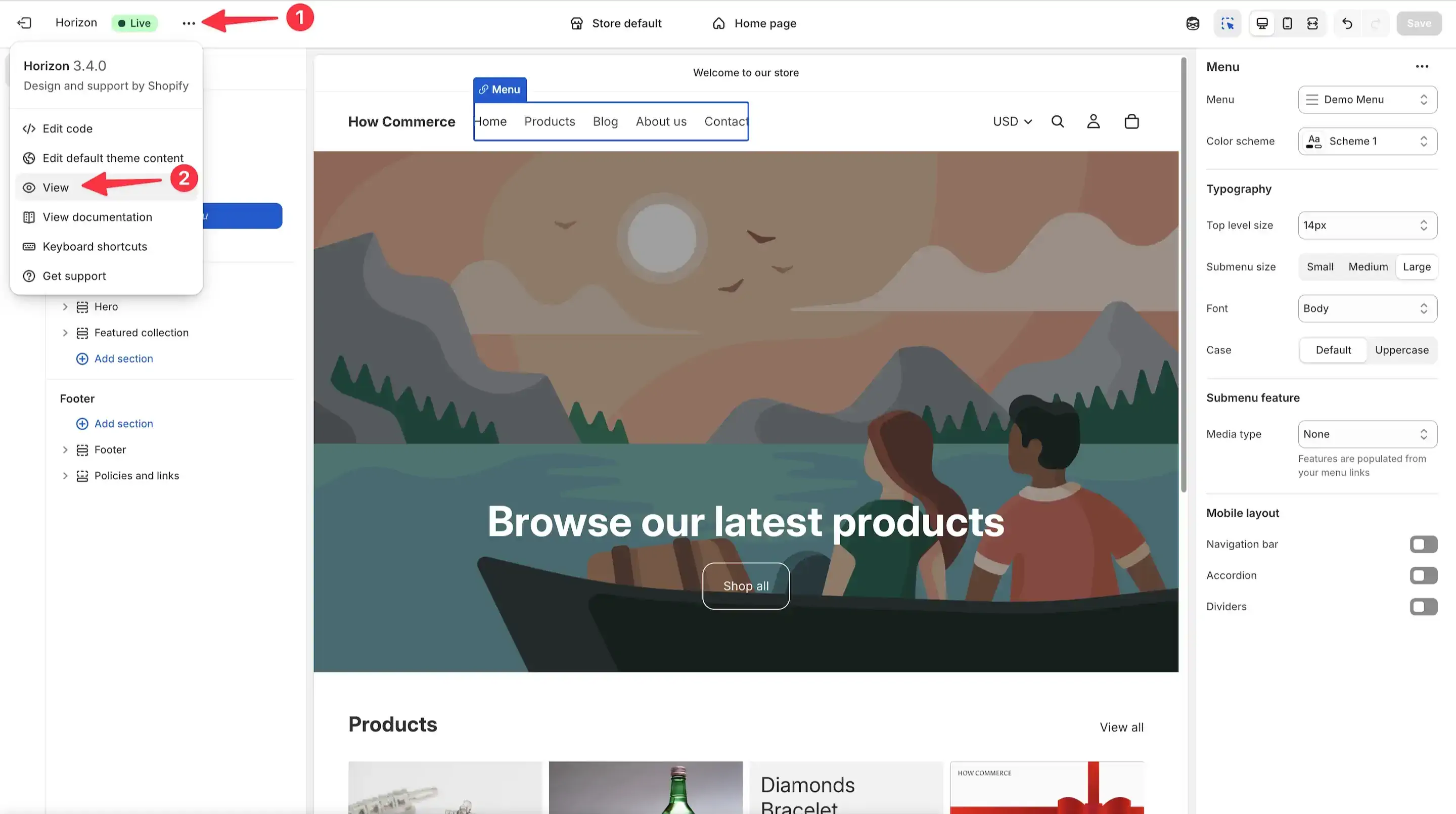 Option to view the Shopify store-front from the theme editor with one click