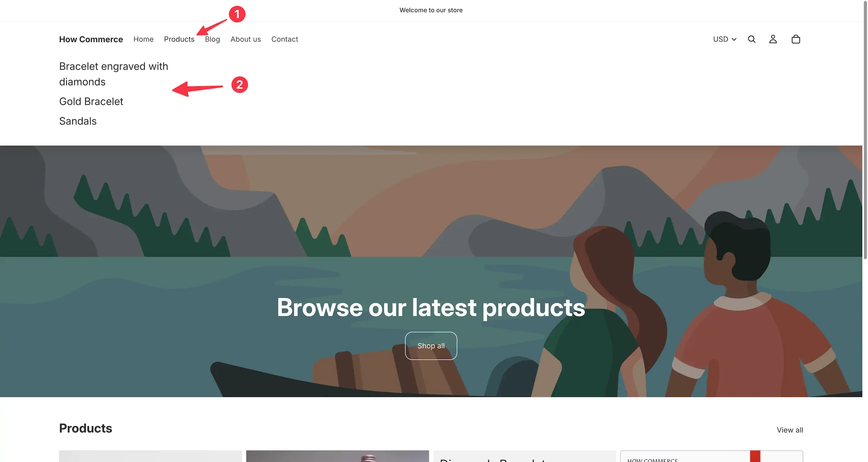 Successful menu listing in store of a Shopify menu front in a drop-down menu position
