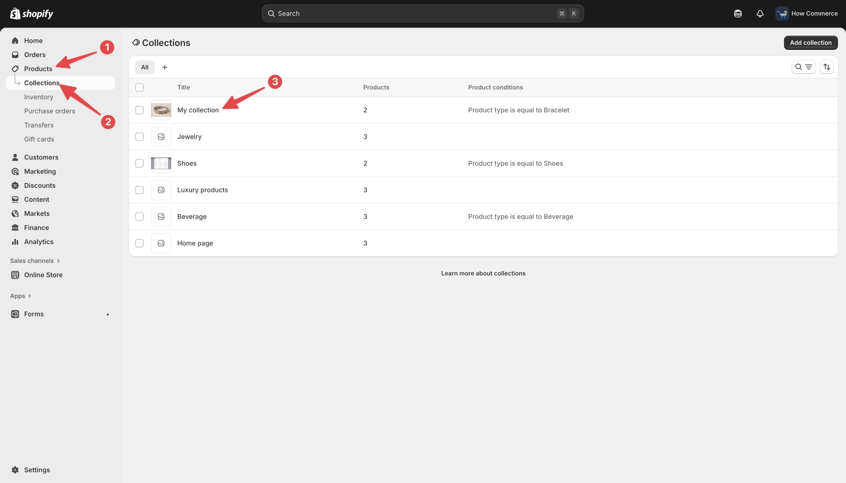 Shopify Collection listing page in admin