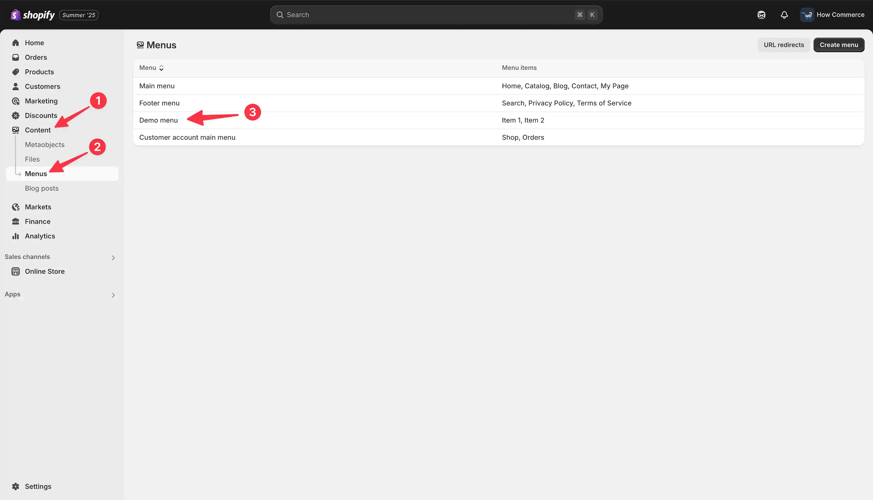 Shopify menus listing page.