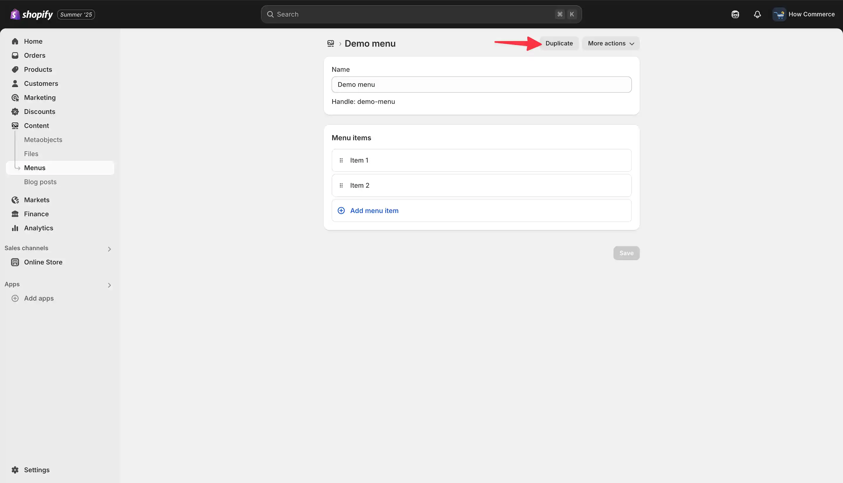 Shopify menu page.