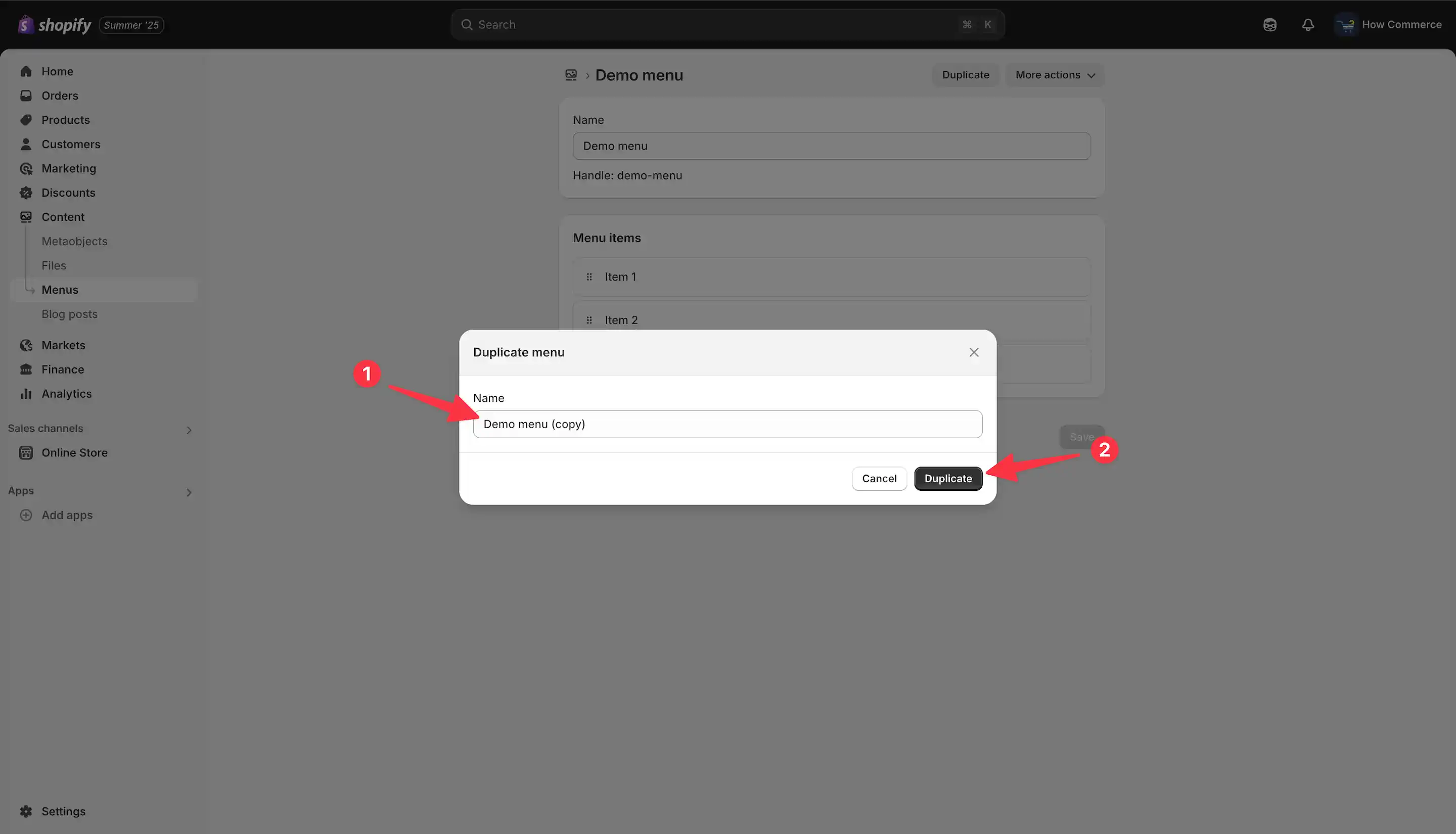 Shopify “Duplicate” menu modal.