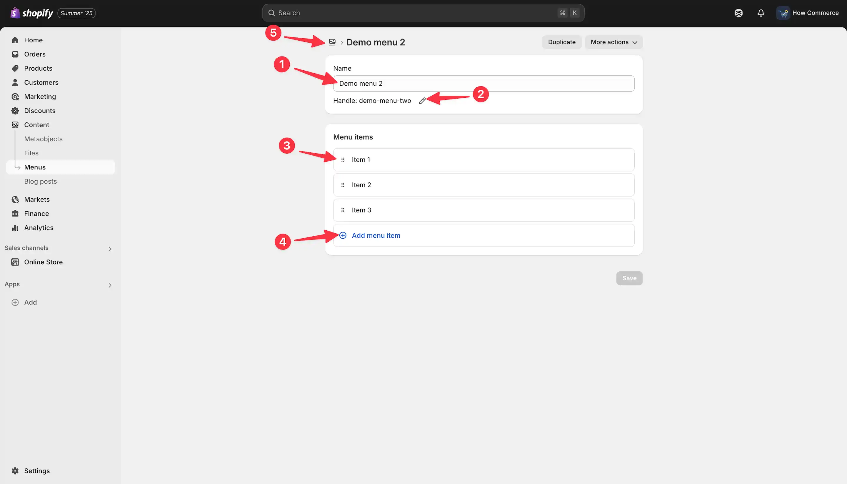 Shopify new duplicate menu page.