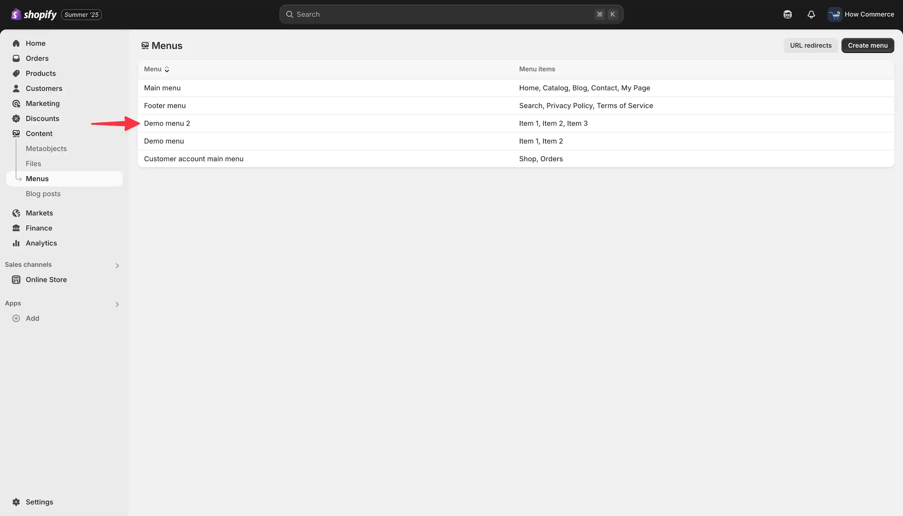 “Demo menu 2” menu as a duplicated menu from “Demo menu” on the menu listing page in Shopify.
