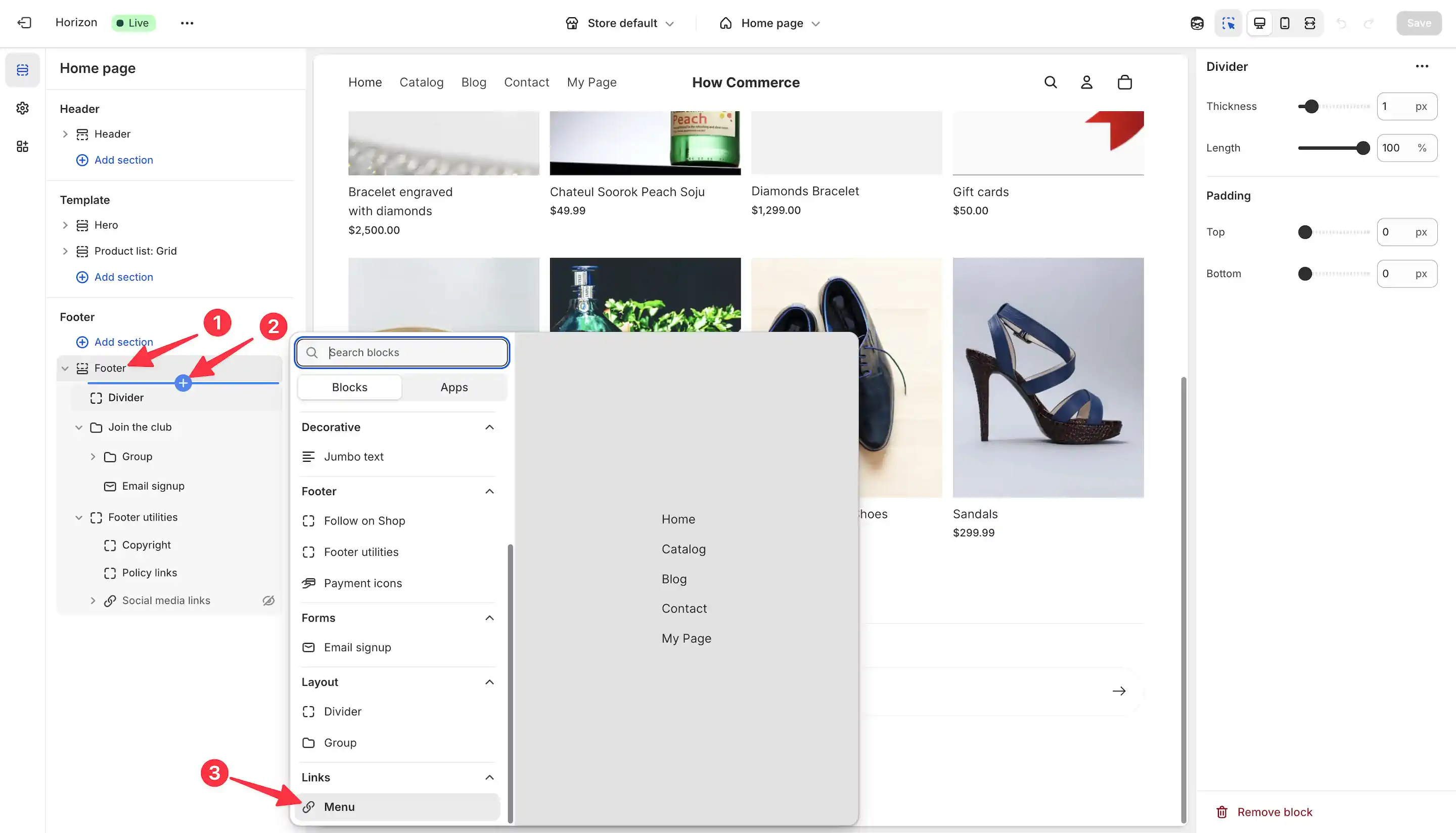 Select the menu block in the Shopify theme editor.