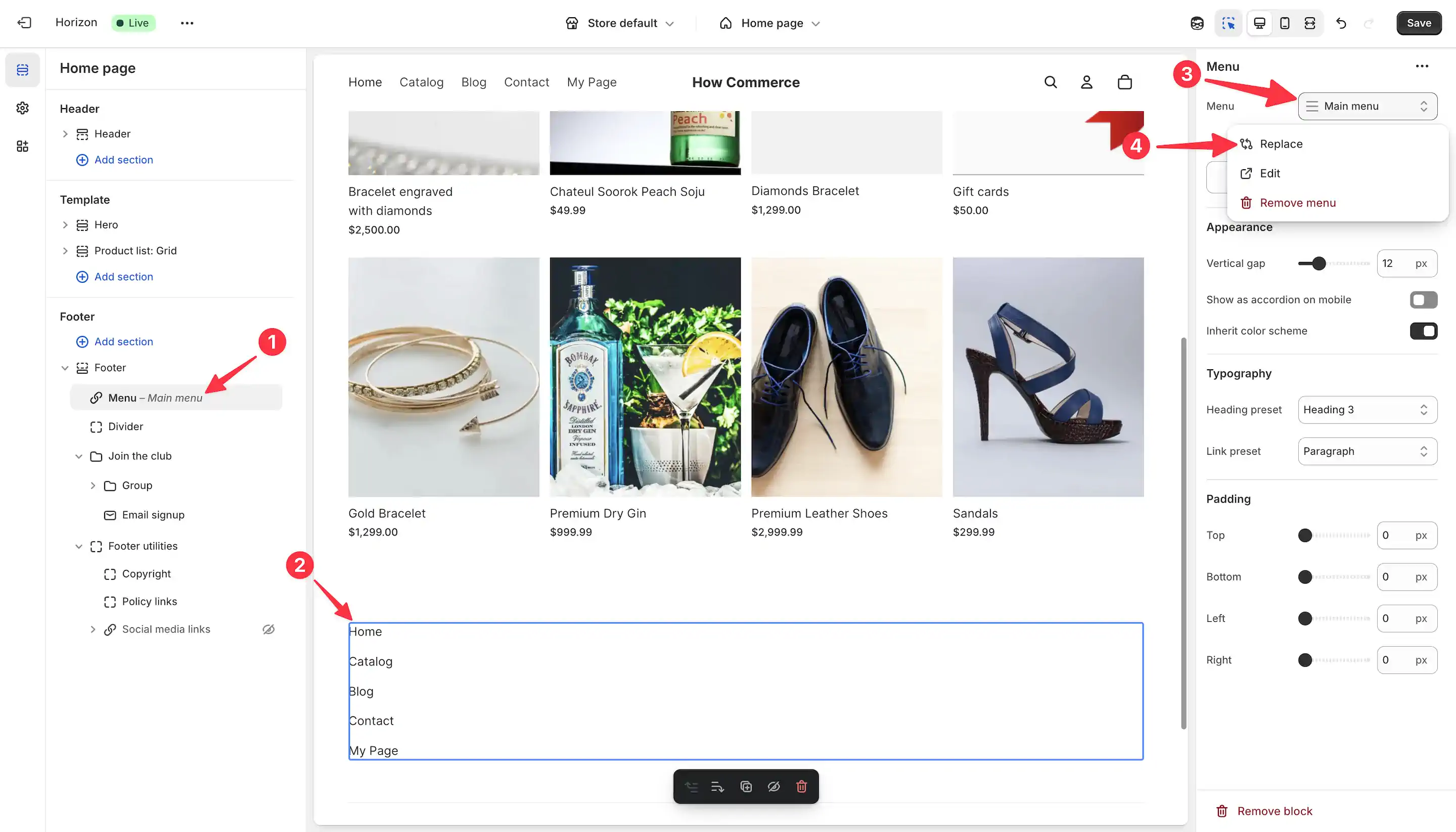 Select the menu block in the Shopify theme editor.