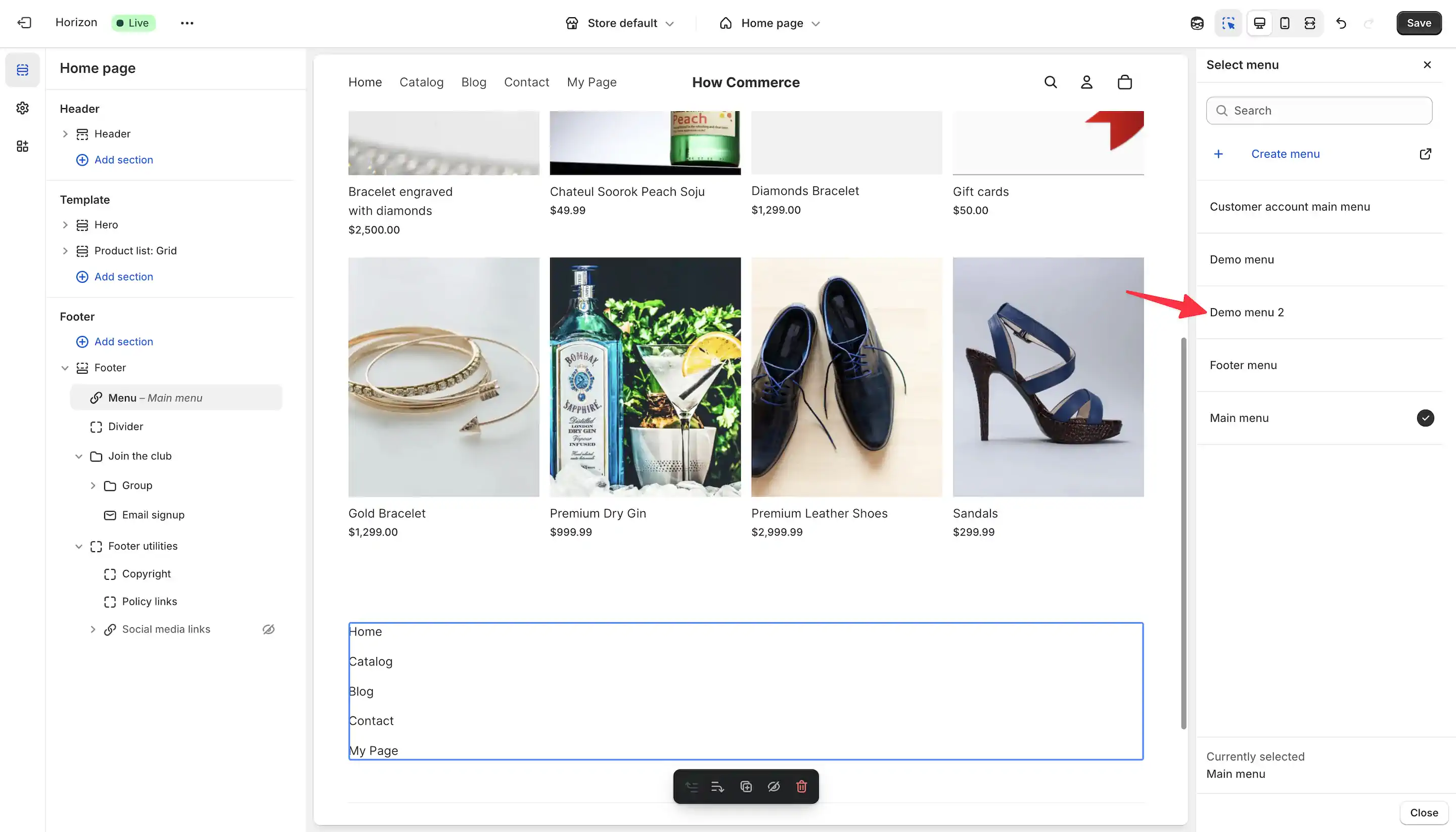 Select the menu to assign to the block in the Shopify theme editor.