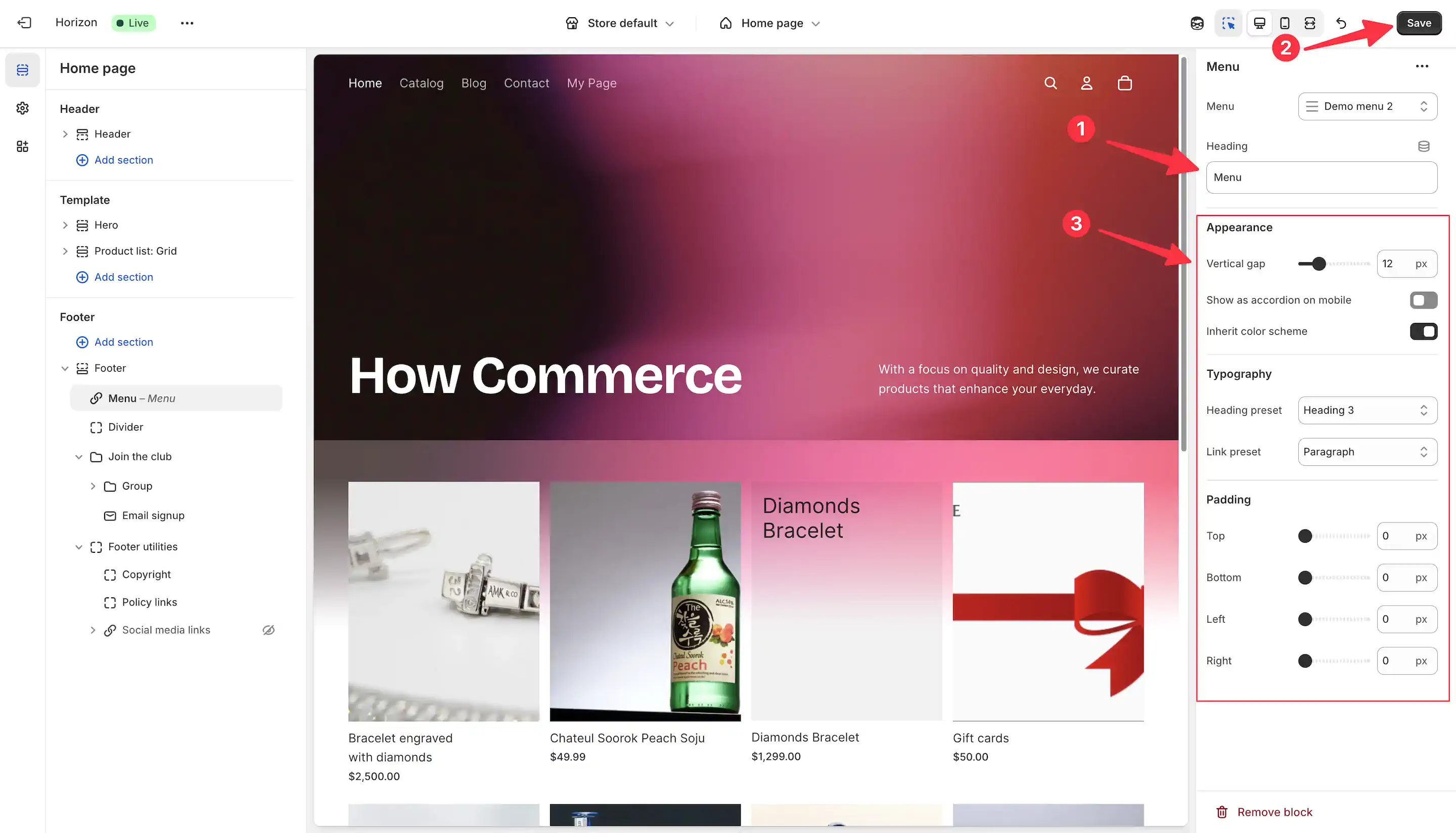 Menu block editing in the Shopify theme editor.