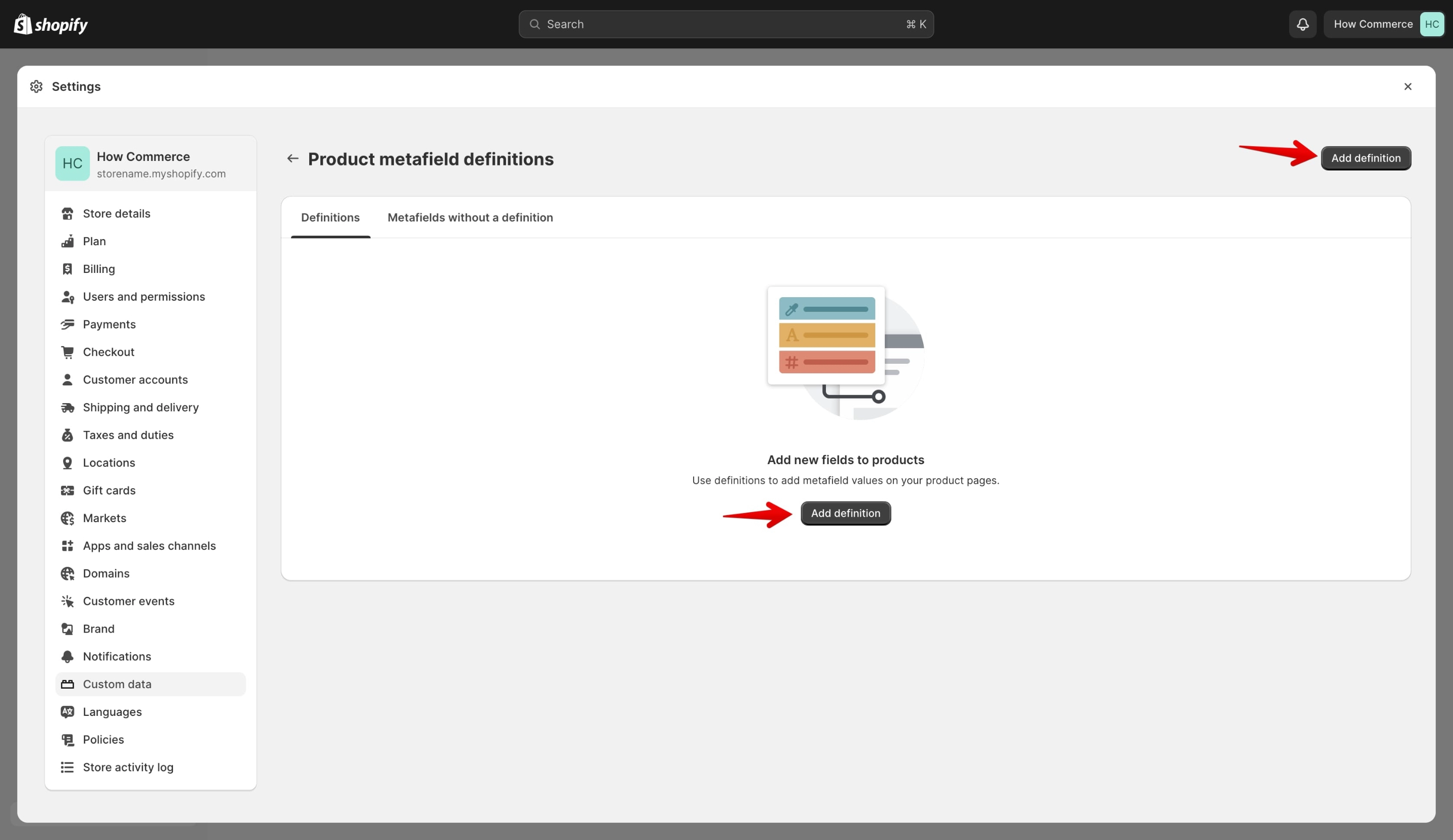 Product metafield definition page in Shopify