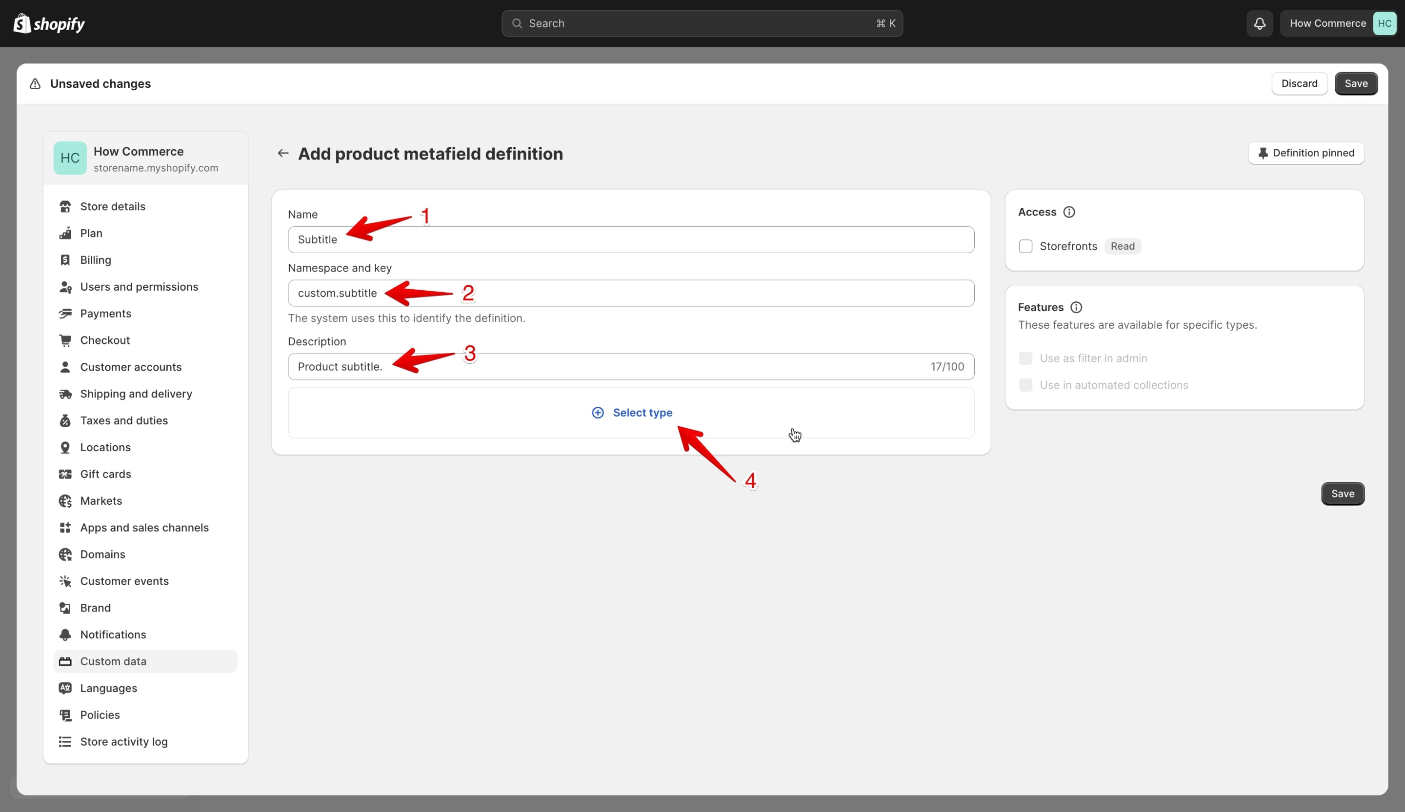Product metafield definition adds data to define the metafield