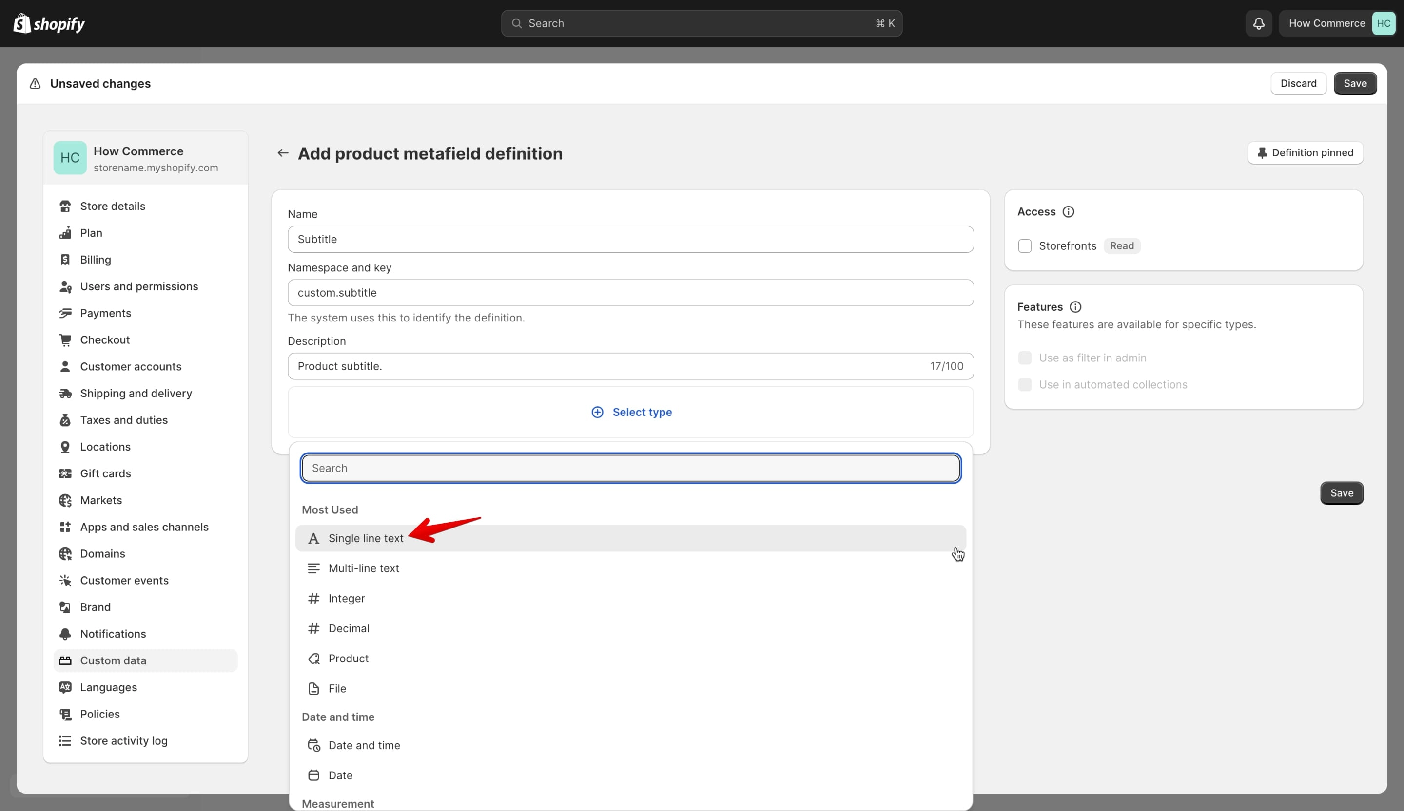 Product metafield definition select the metafield type