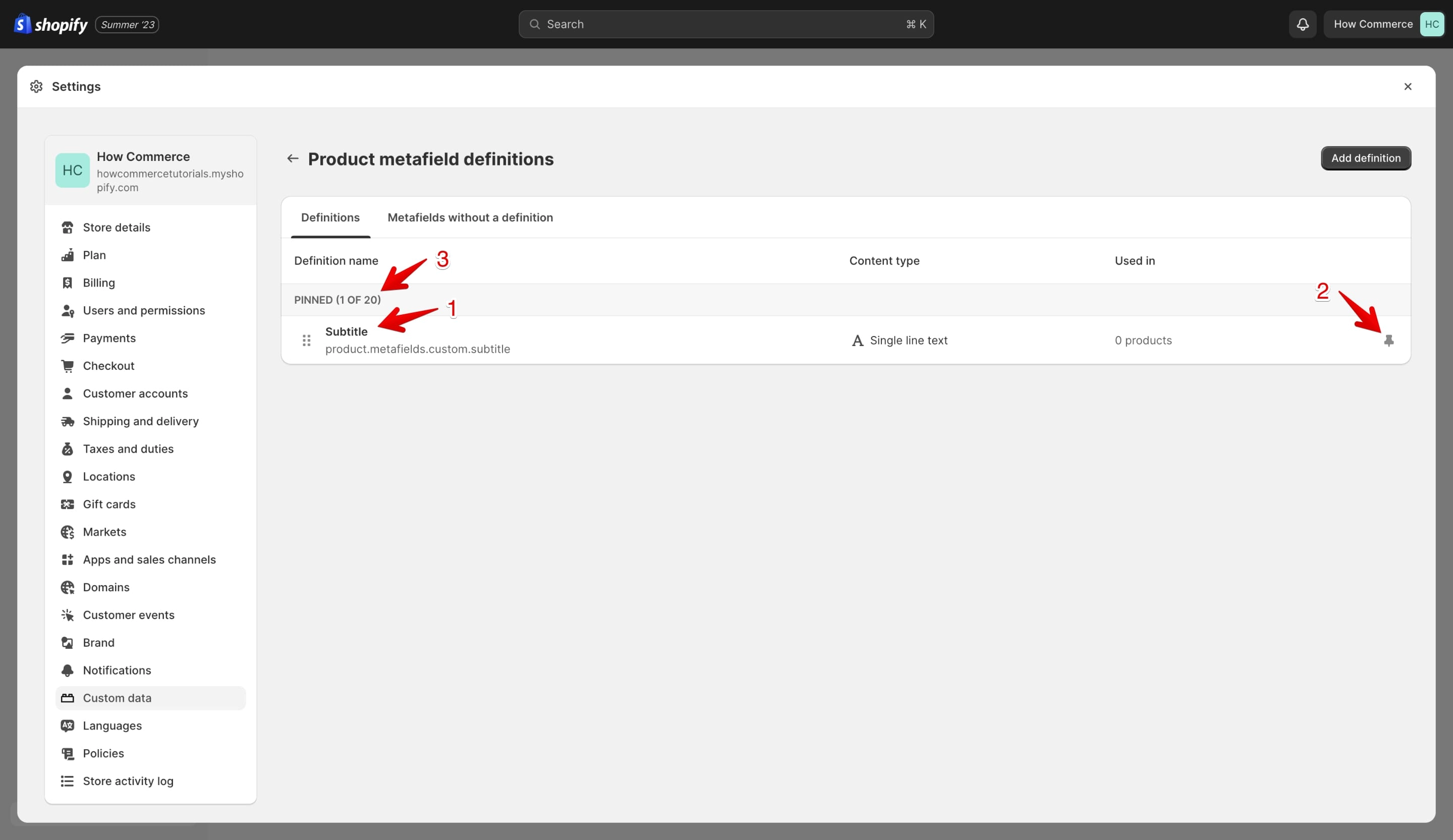 Subtitle metafield listed on the Product metafield definitions list