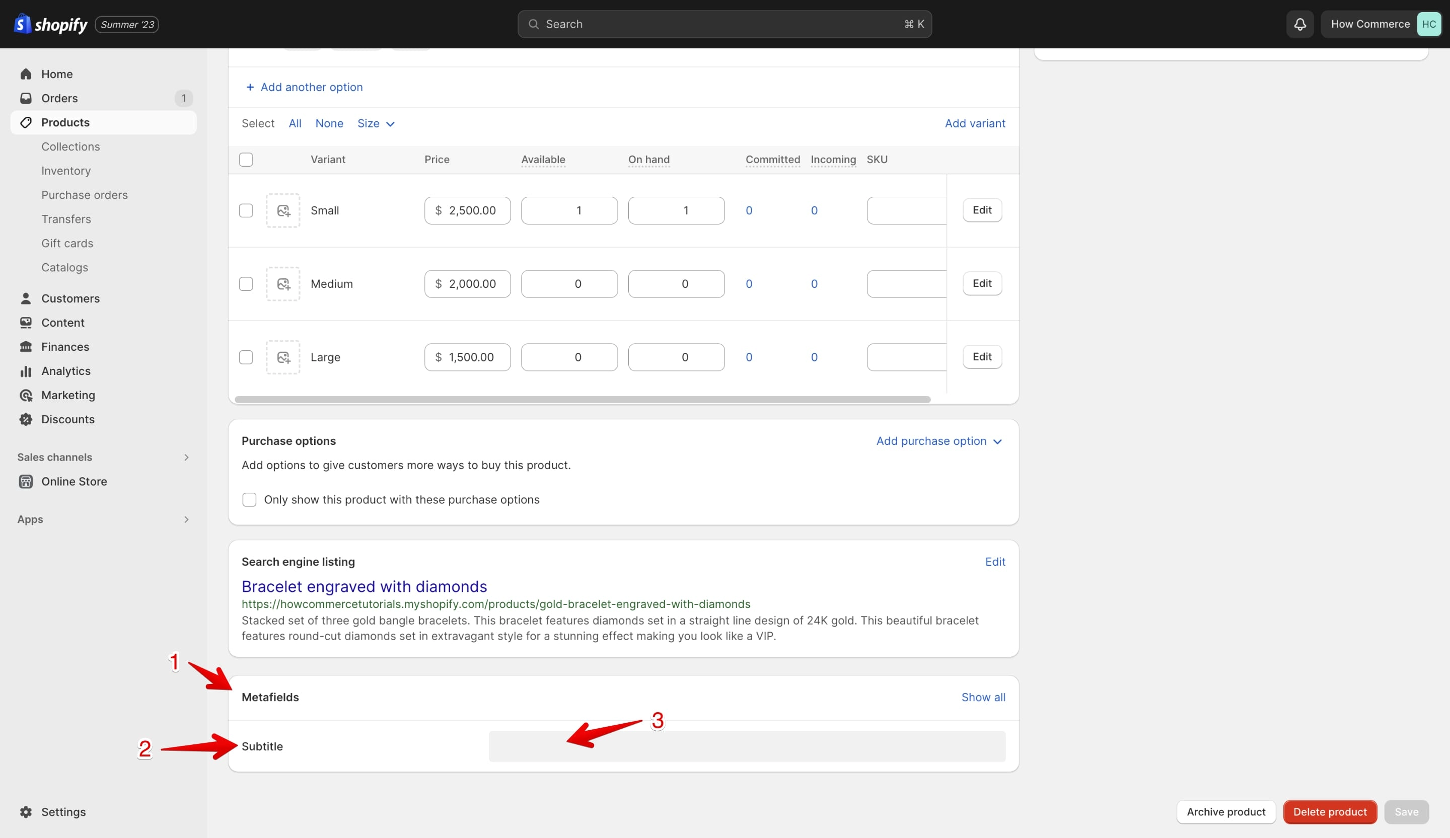 Shopify Metafields section on the product page