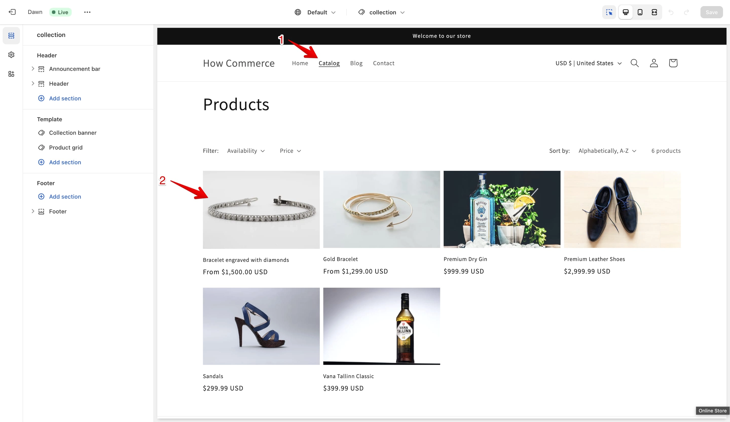 Select the product inside the theme settings page