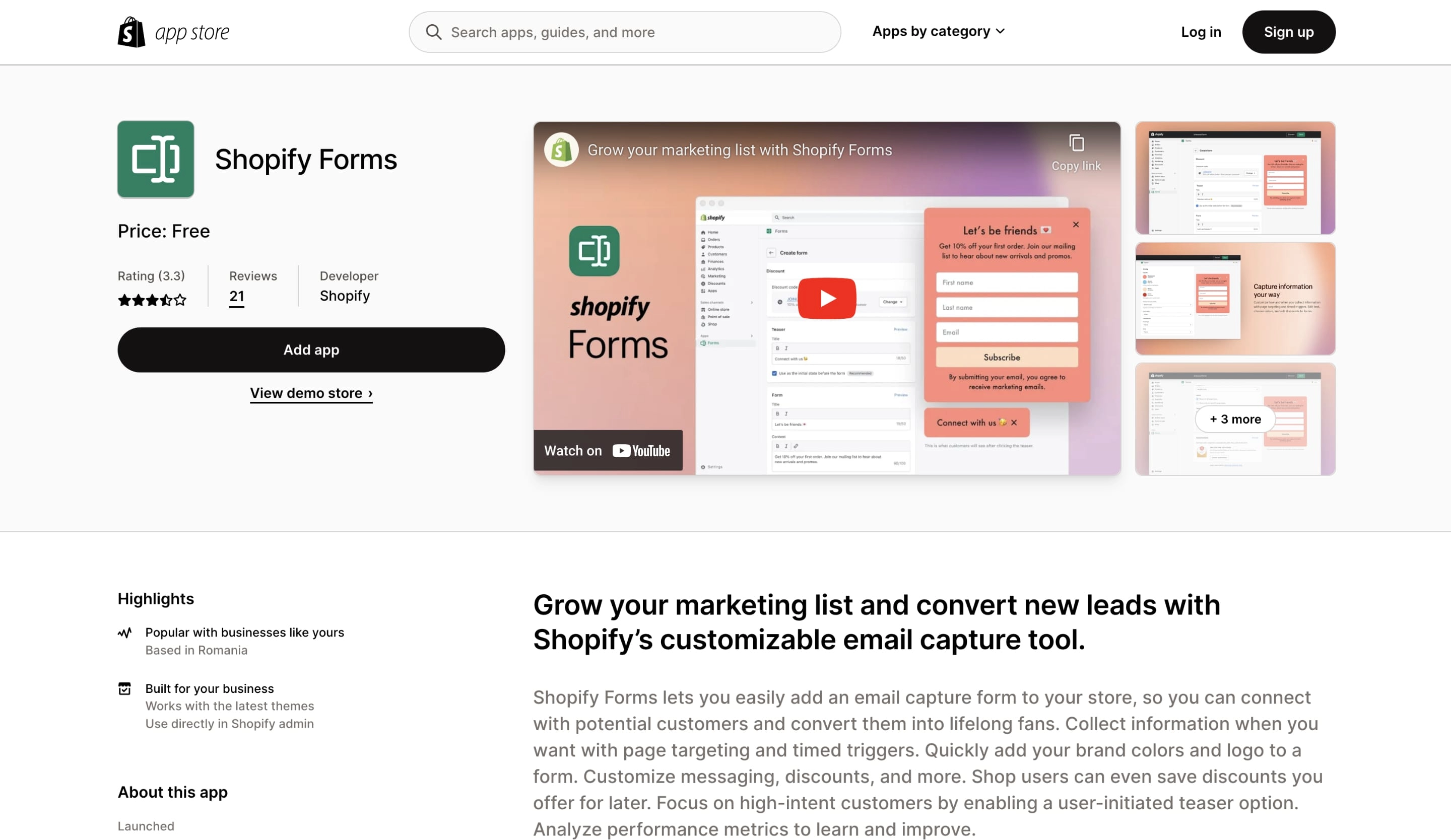 Shopify Forms app in the Shopify app store