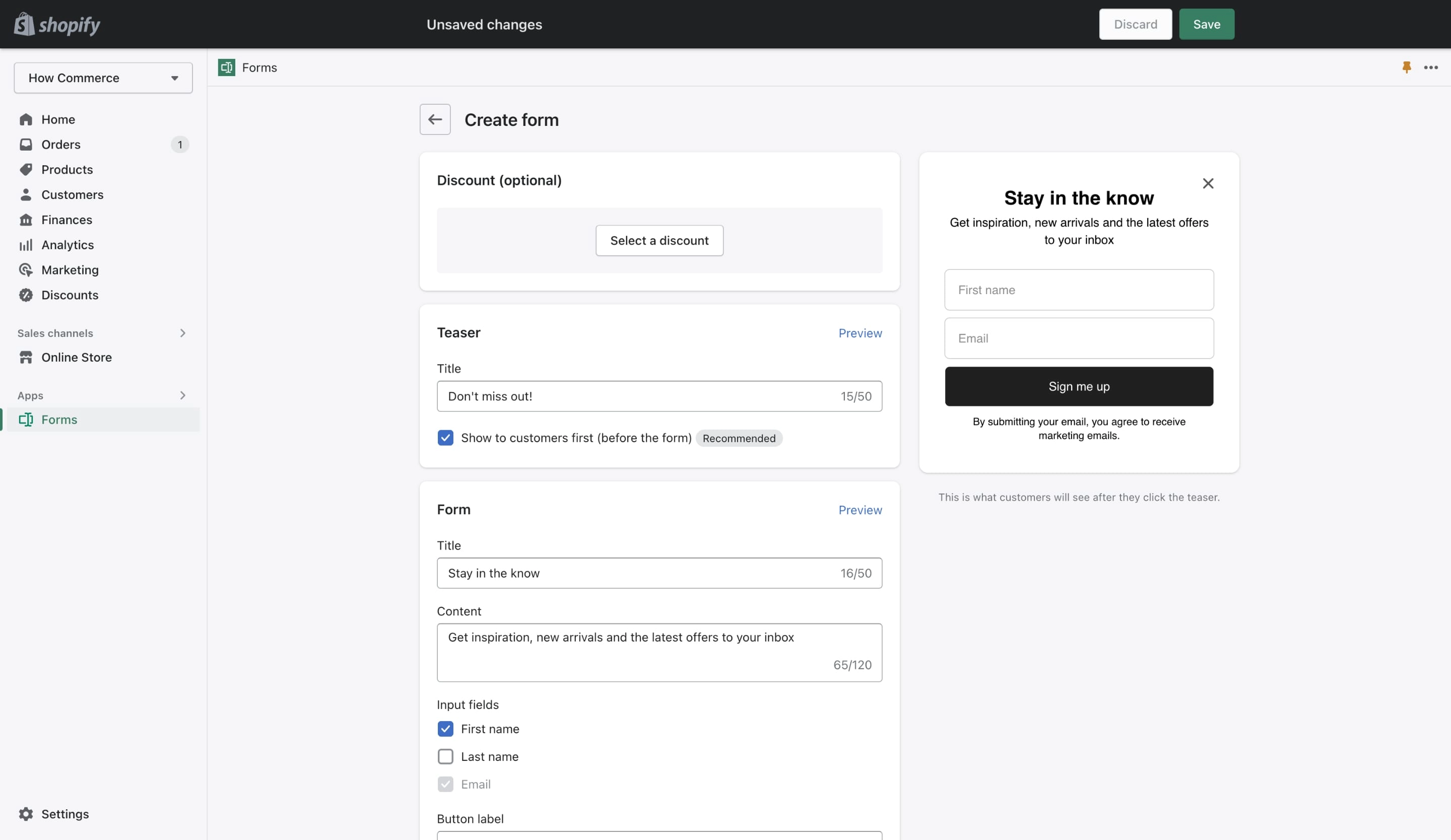 Shopify Forms app dashboard inside the Shopify admin
