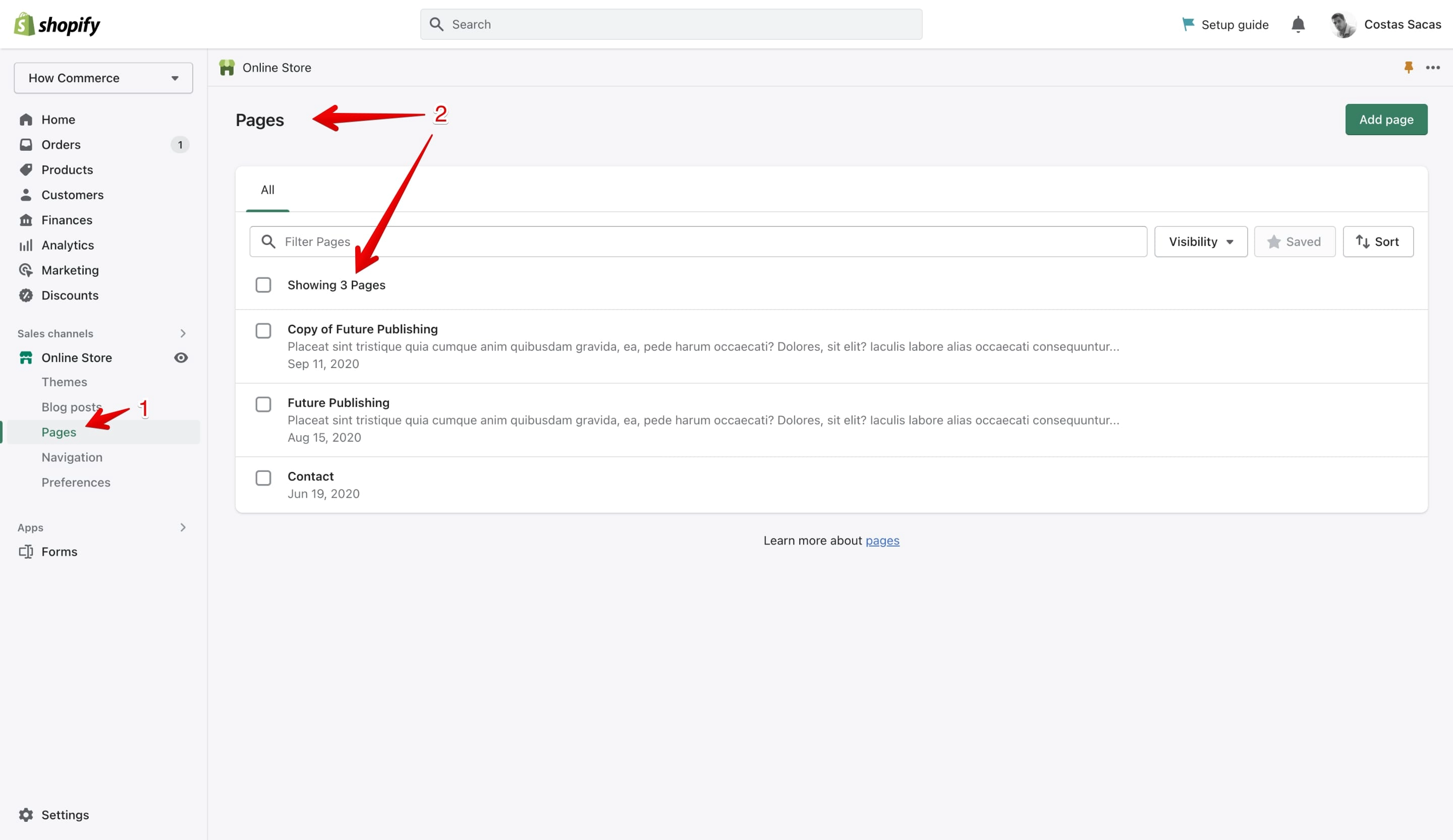 Pages in Shopify dashboard