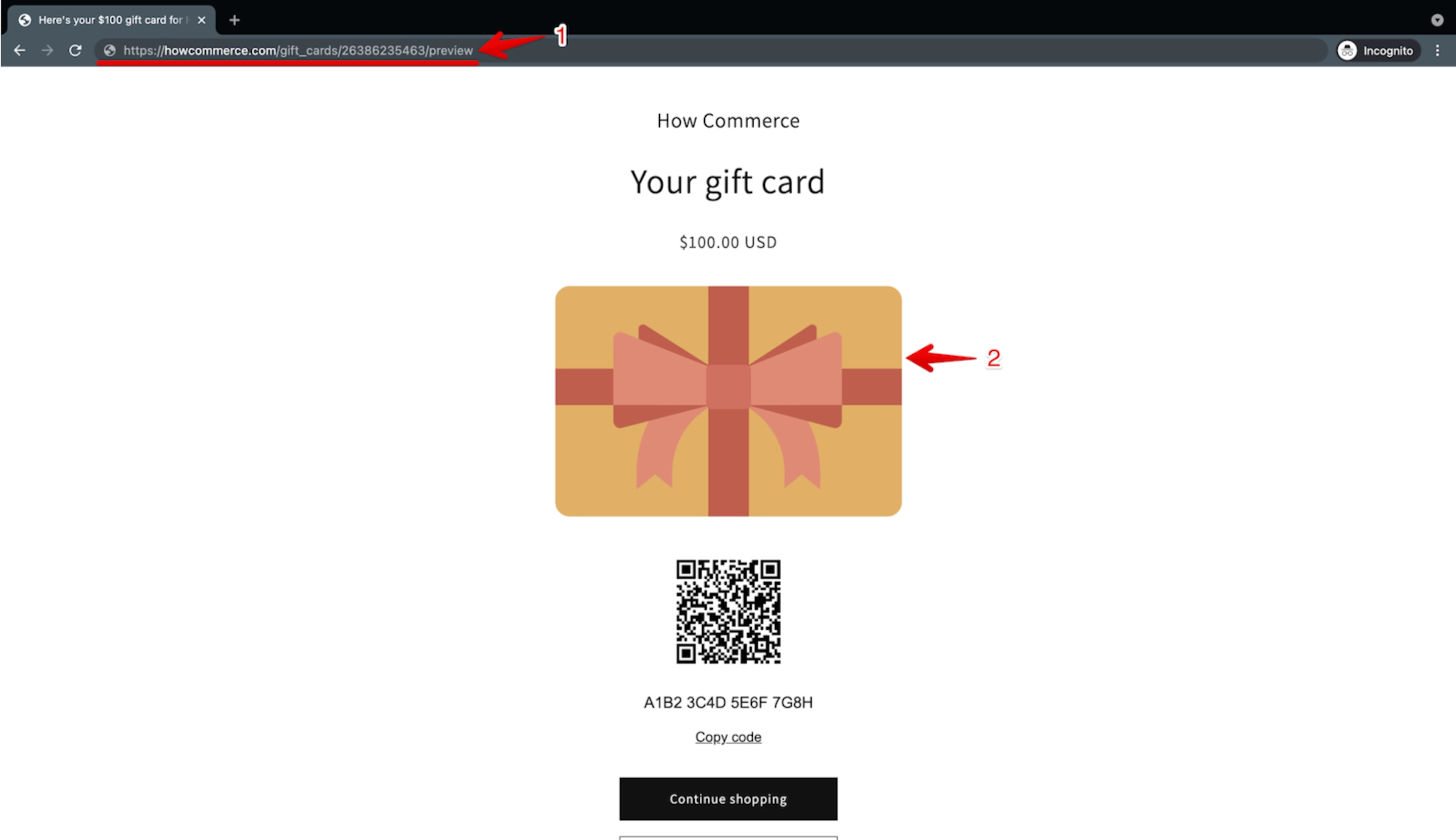 Shopify gift card preview page showing default gift card design