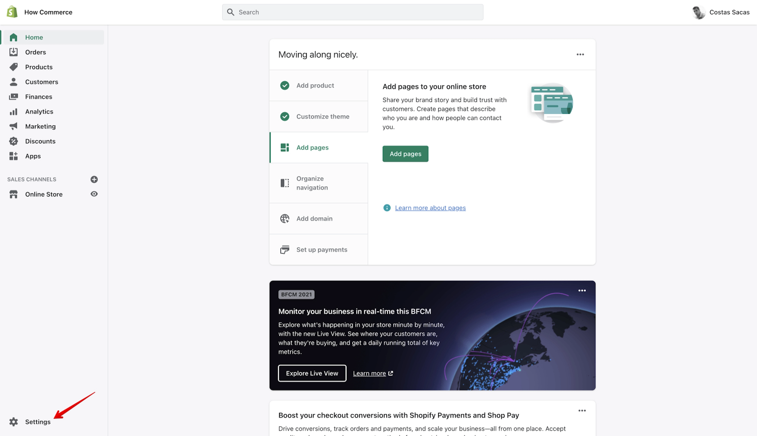 Shopify settings section in admin panel
