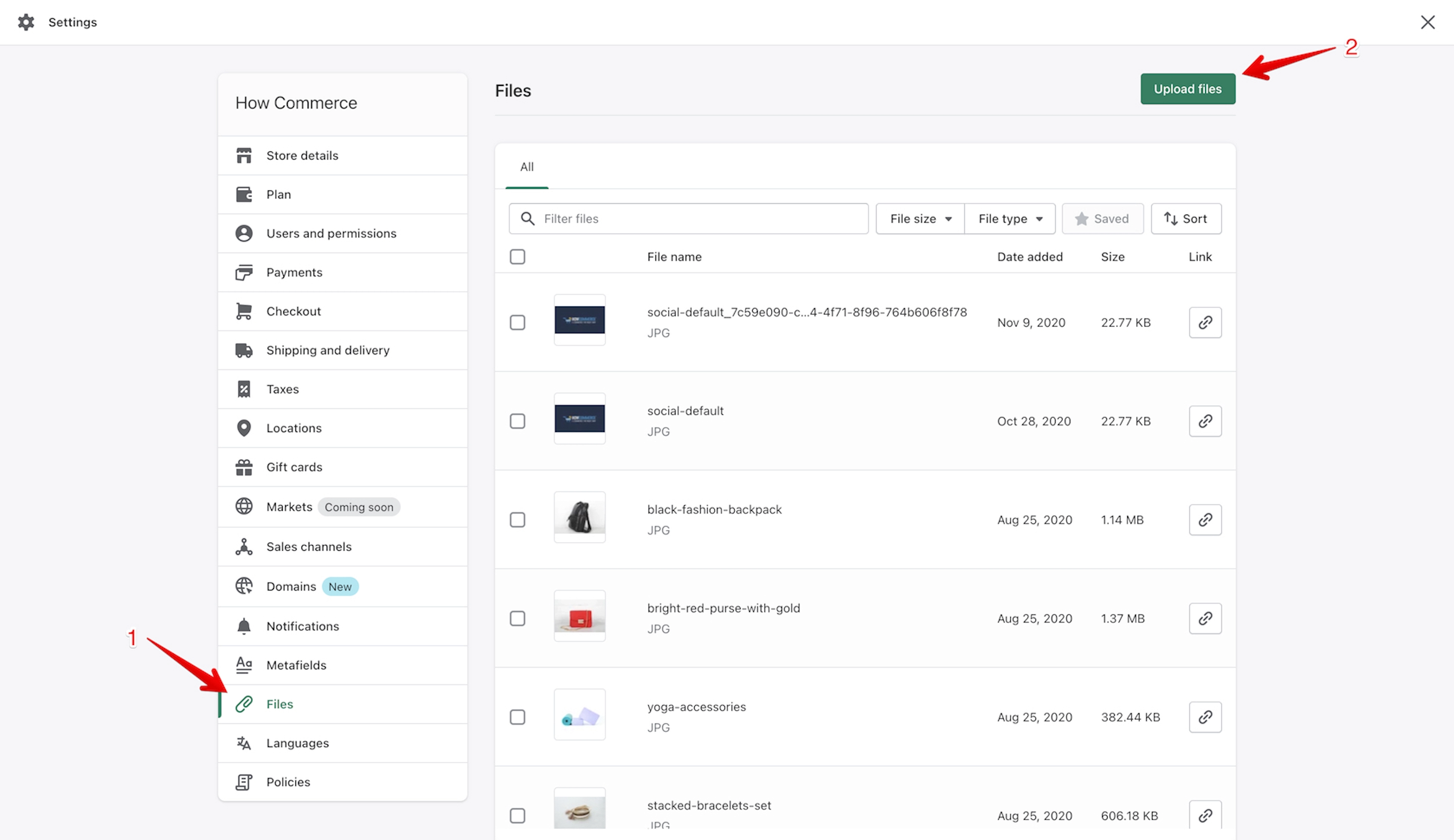 Shopify Files section with Upload files button
