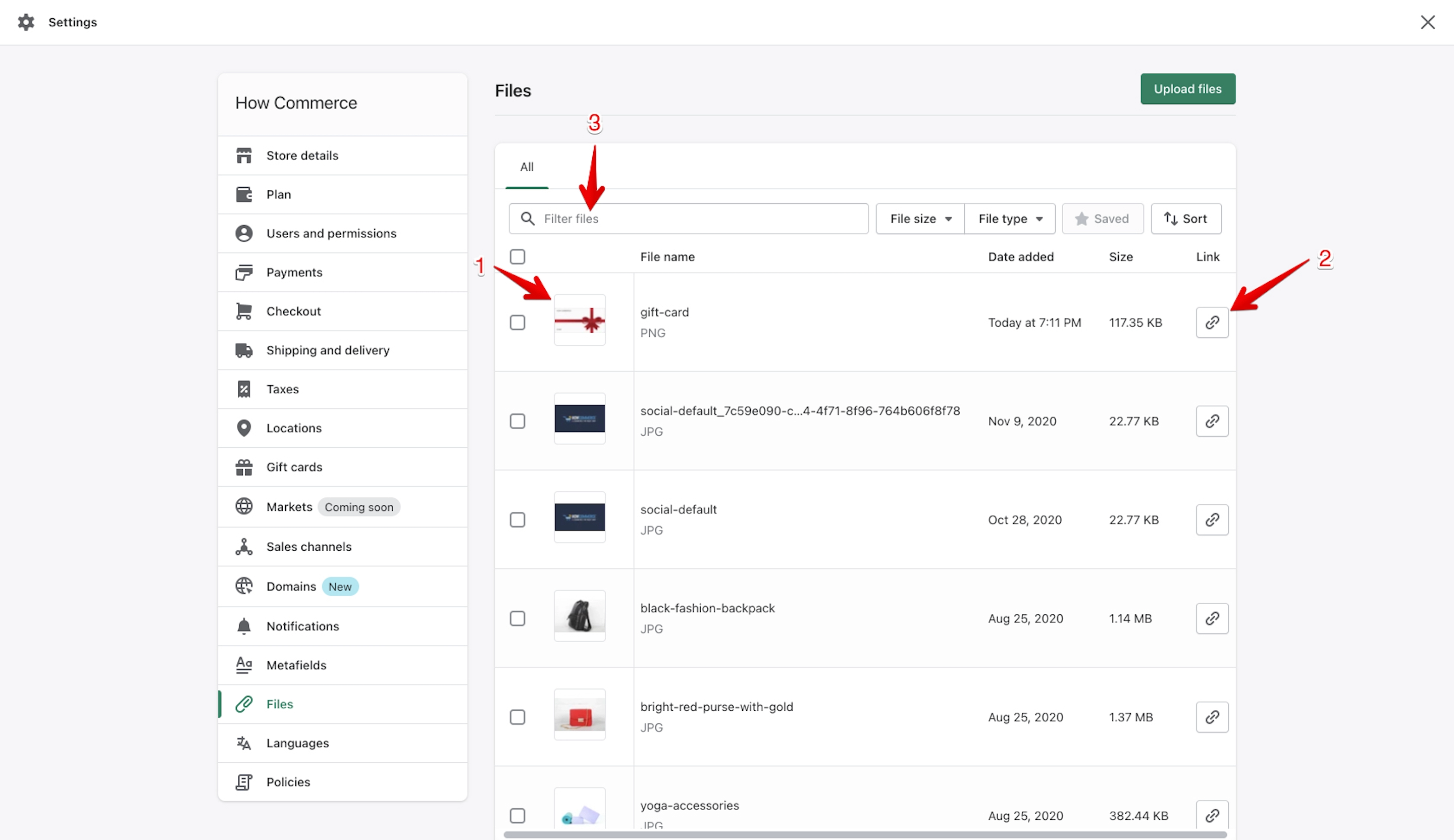 Gift card file in Shopify Files section with copy link icon