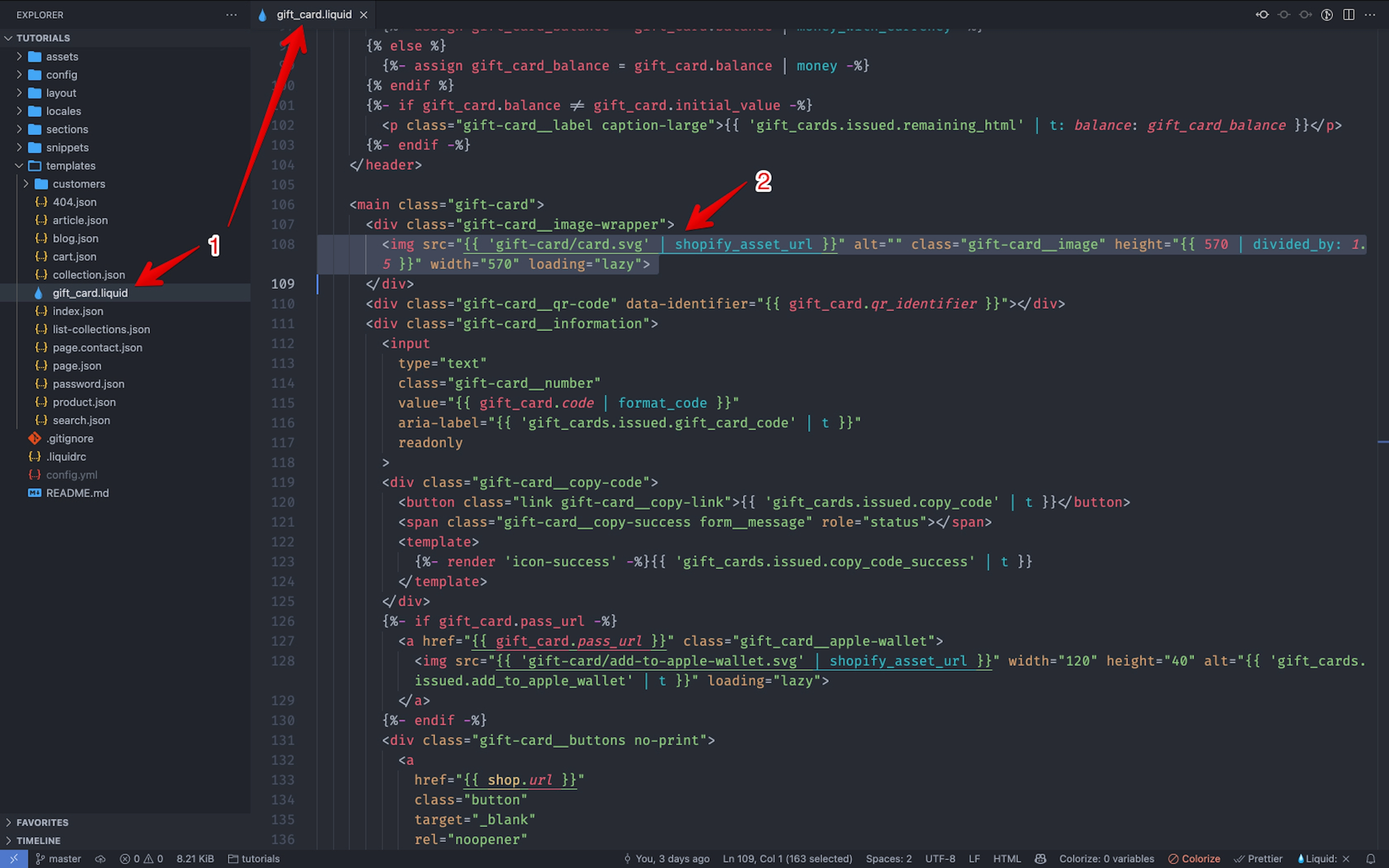 Gift card.liquid file showing code that needs to be removed