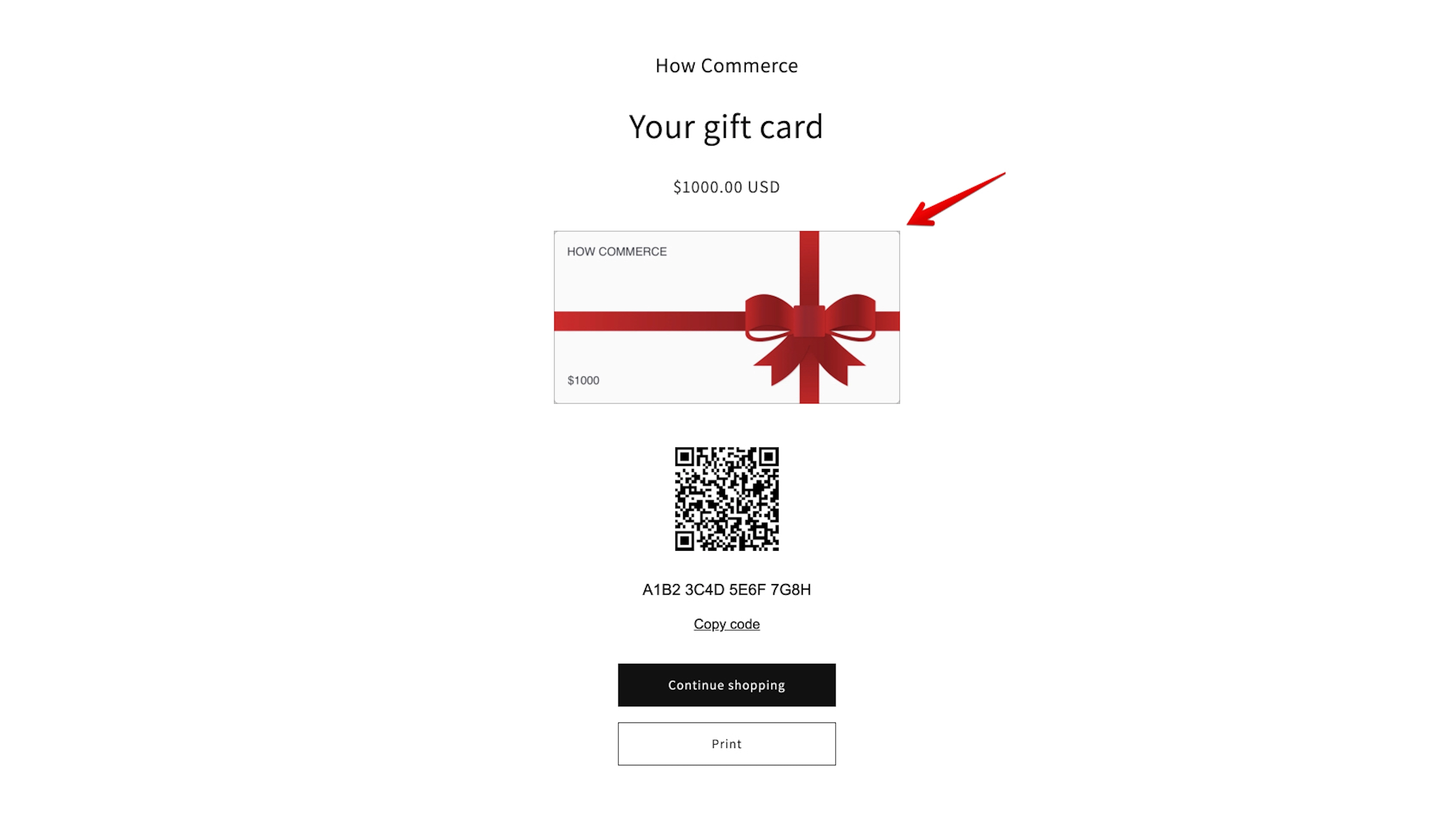 Shopify gift card preview with custom uploaded image
