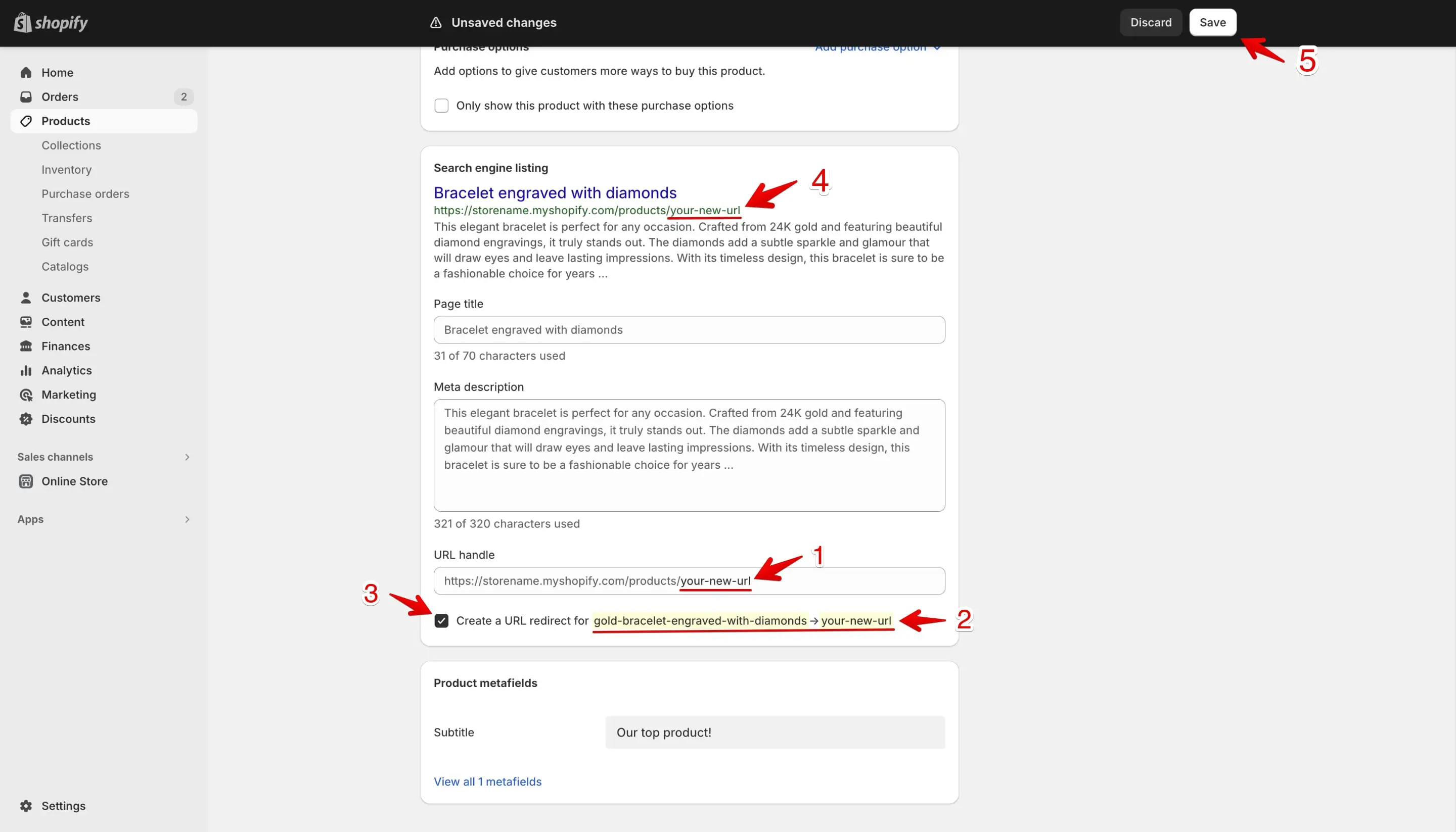 Edit the product handle inside the search engine listing preview.