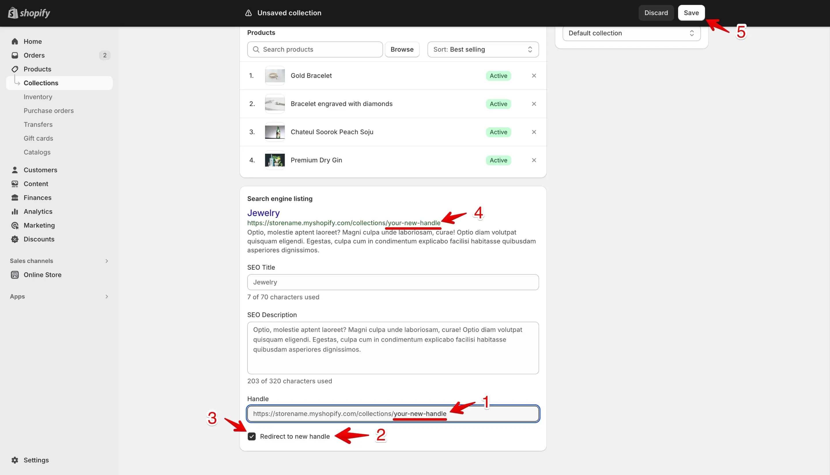 Edit the collection handle inside the search engine listing preview.