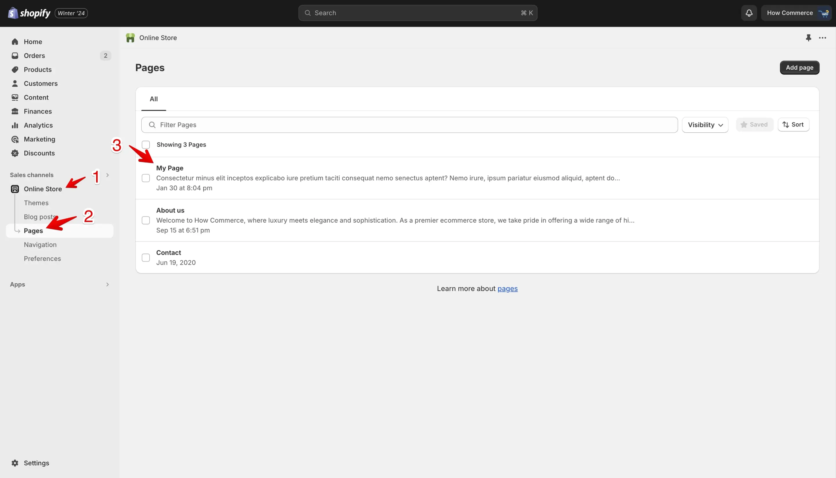 Shopify pages listing page.