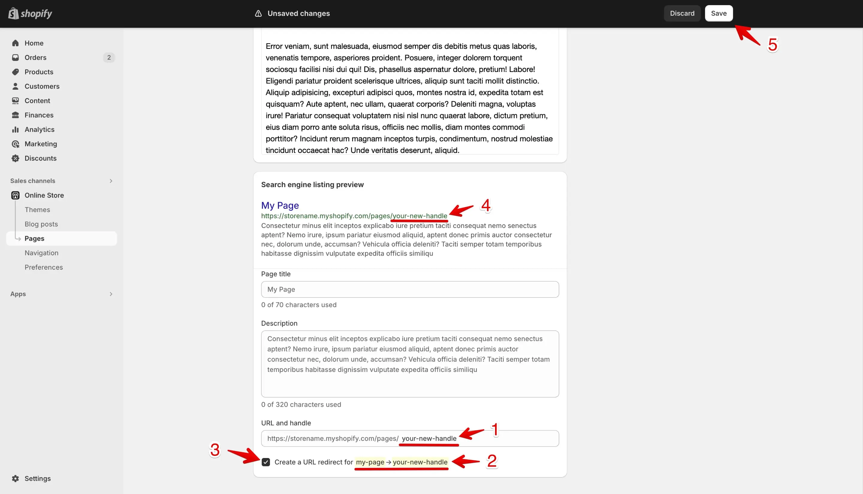 Edit the page handle inside the search engine listing preview.