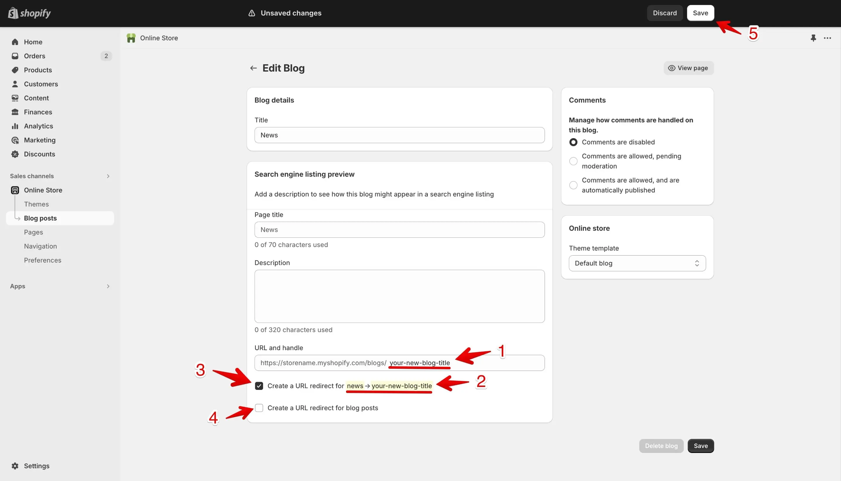 Edit the blog handle inside the search engine listing preview.