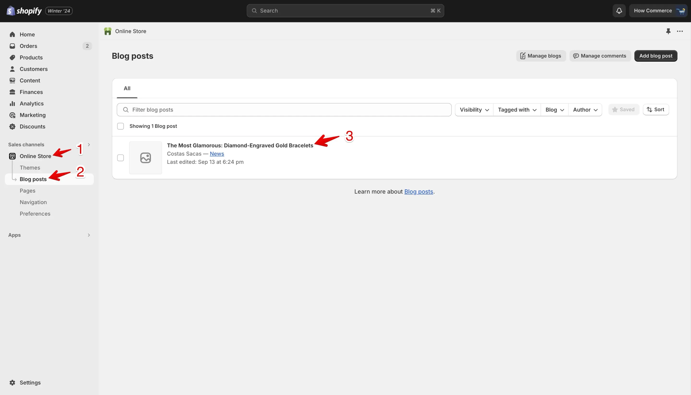 Shopify blog posts listing preview.