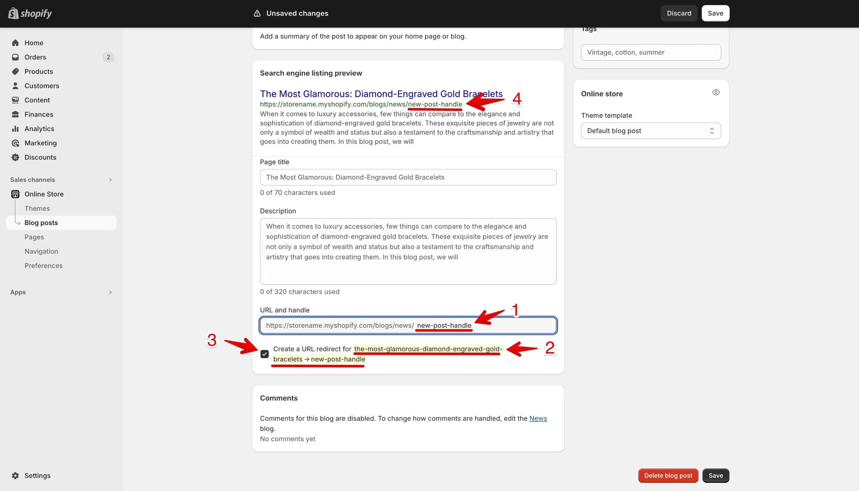 Edit the blog post handle inside the search engine listing preview.