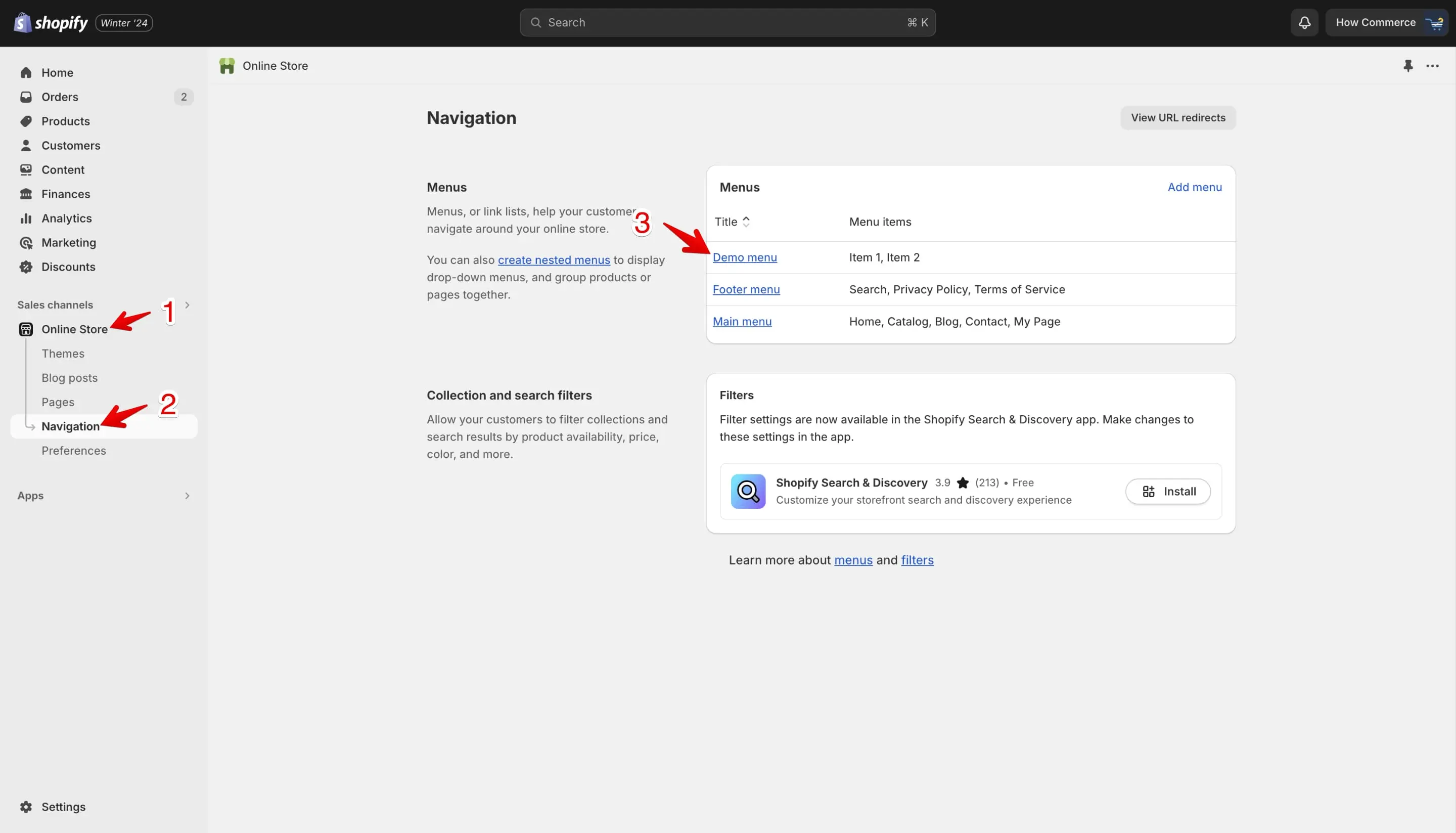 Shopify listing menus page.