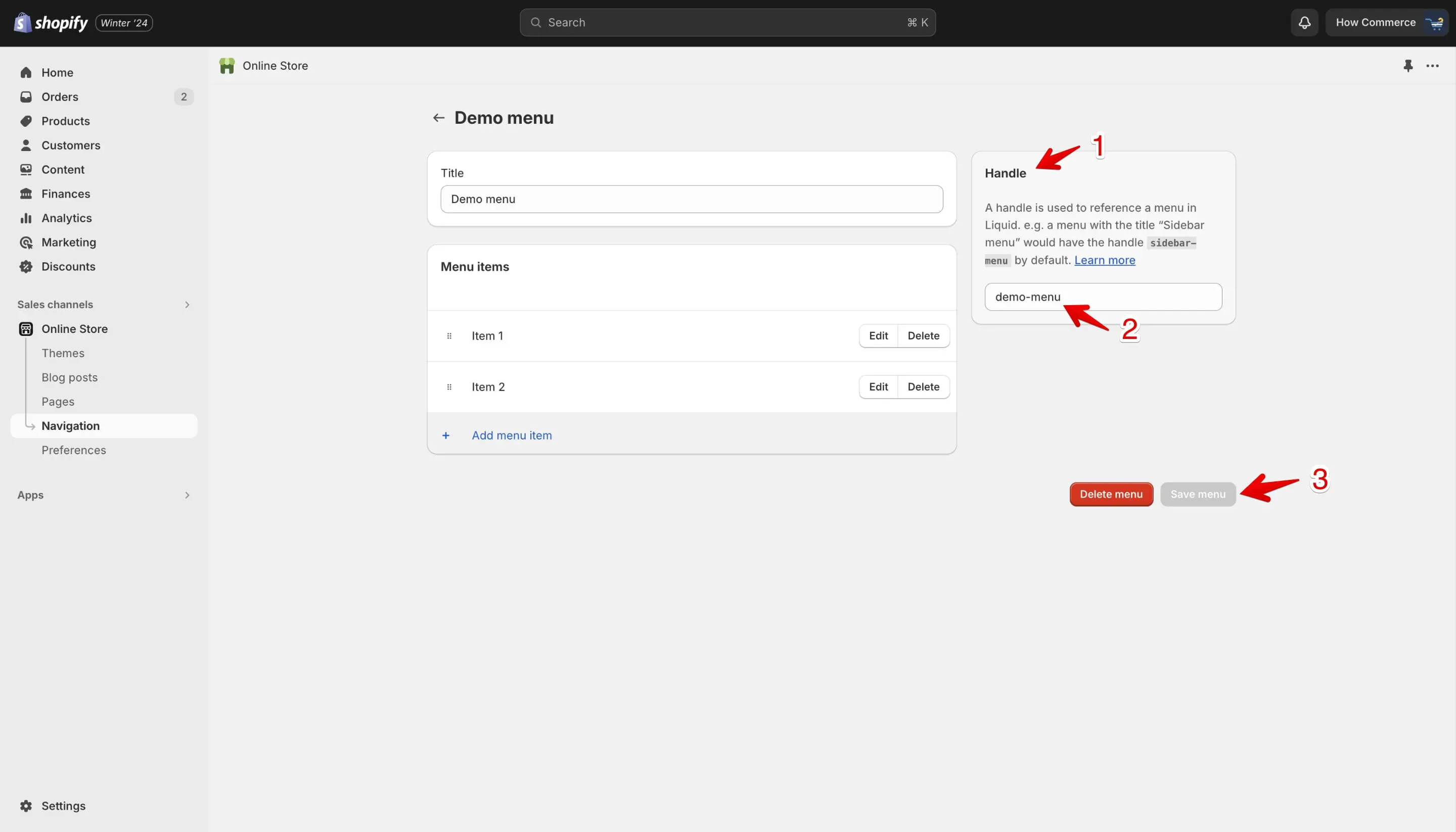 Edit the menu handle inside the “Handle” section.
