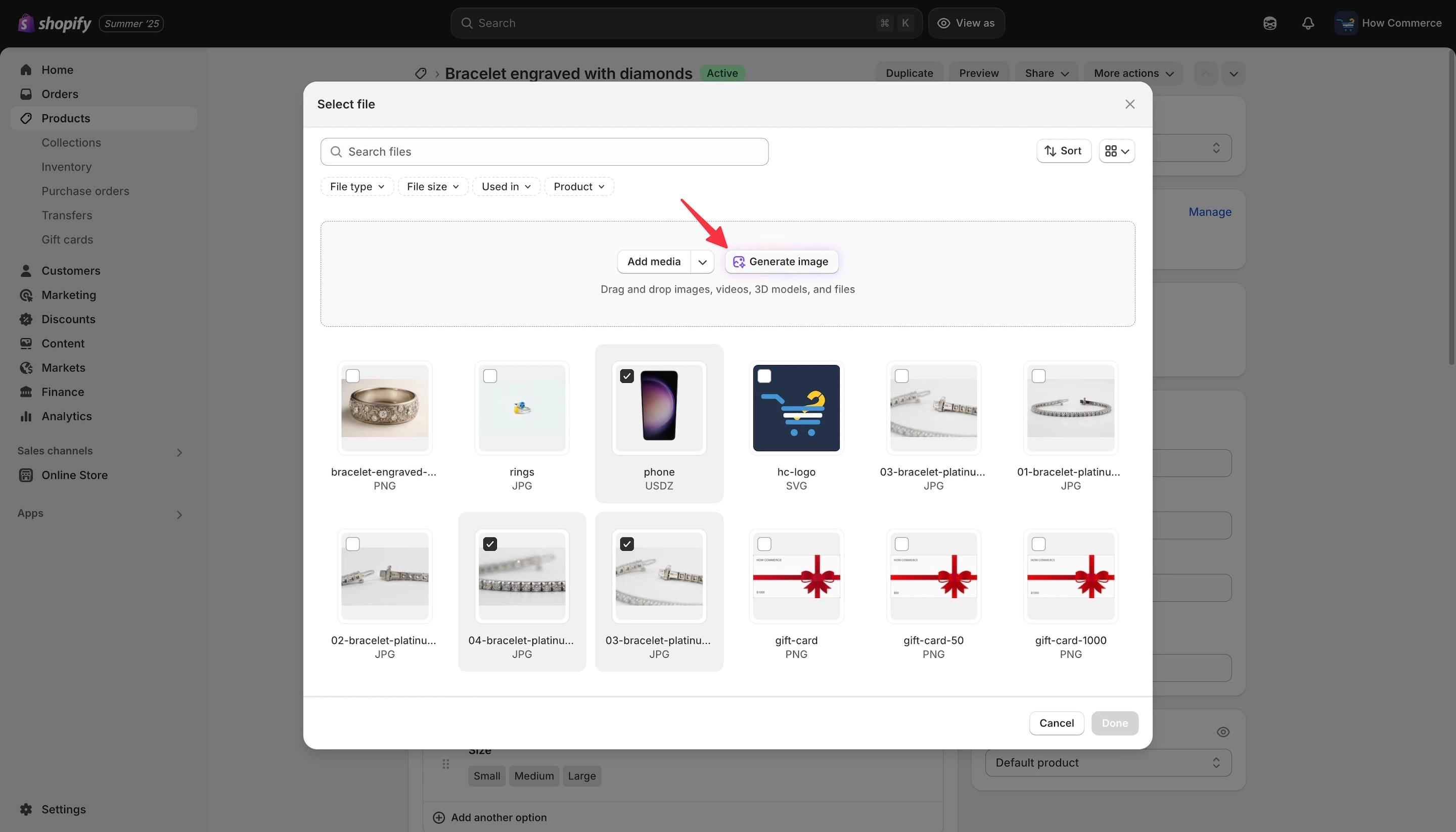 “Generate image” button in the Shopify file picker.