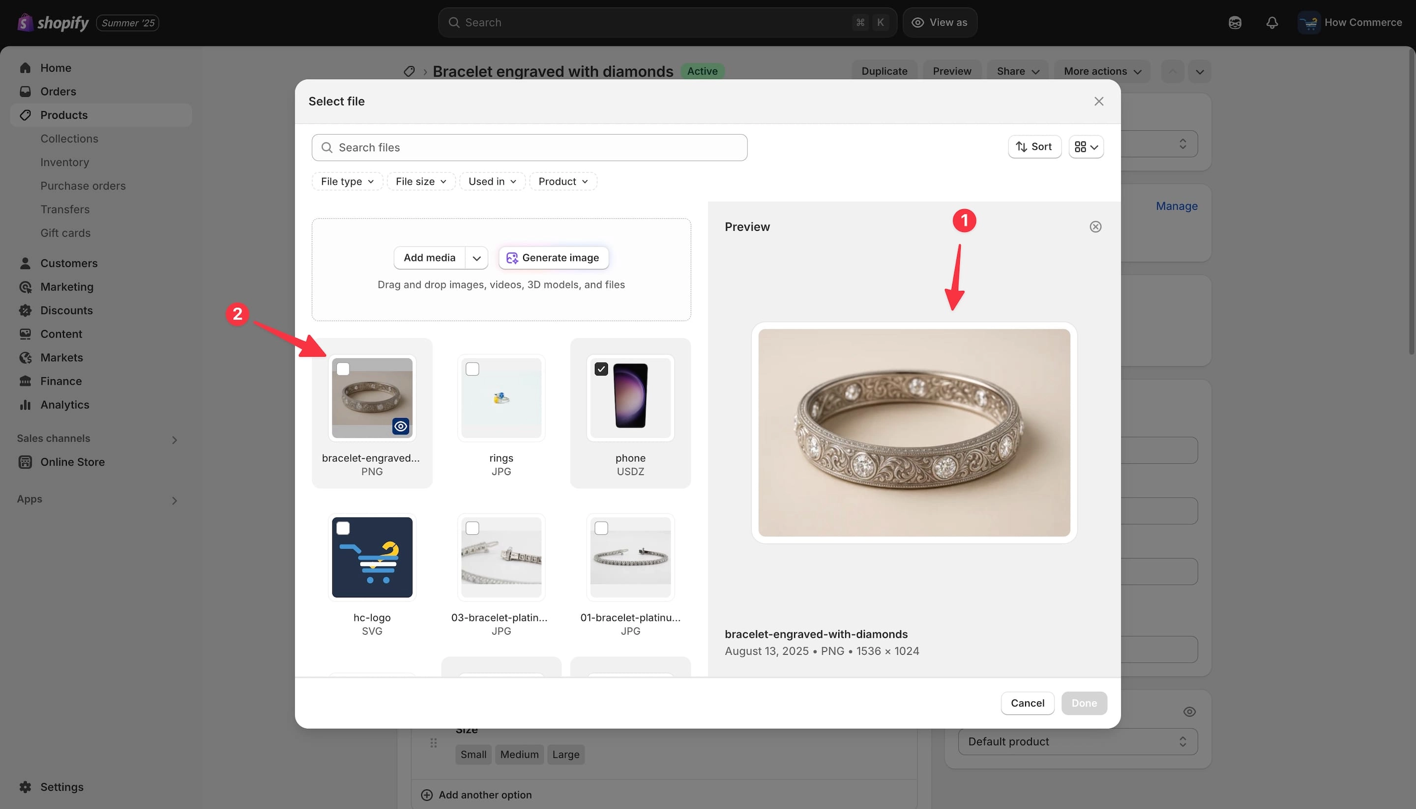 Shopify AI image listed in the file picker.