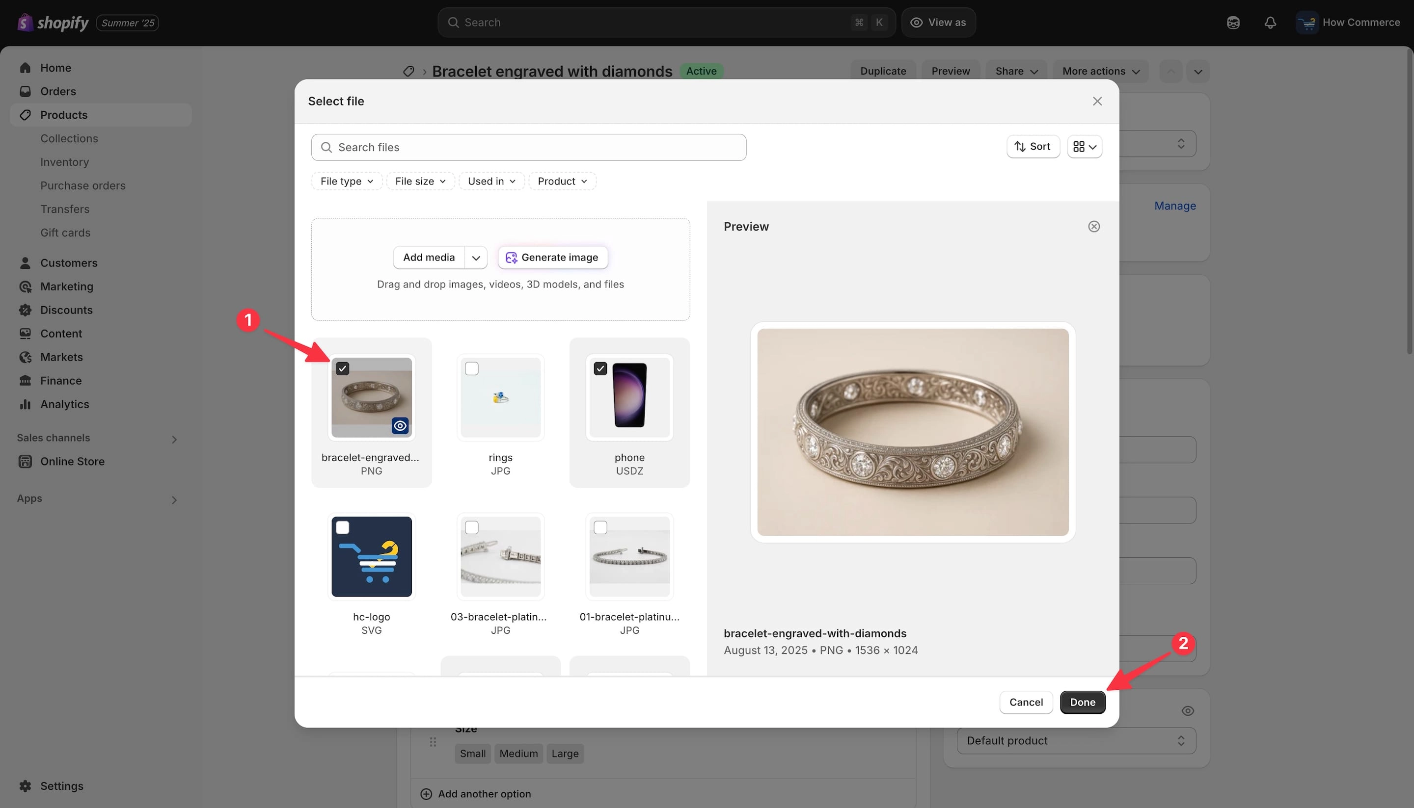 Image selected in the Shopify file picker.