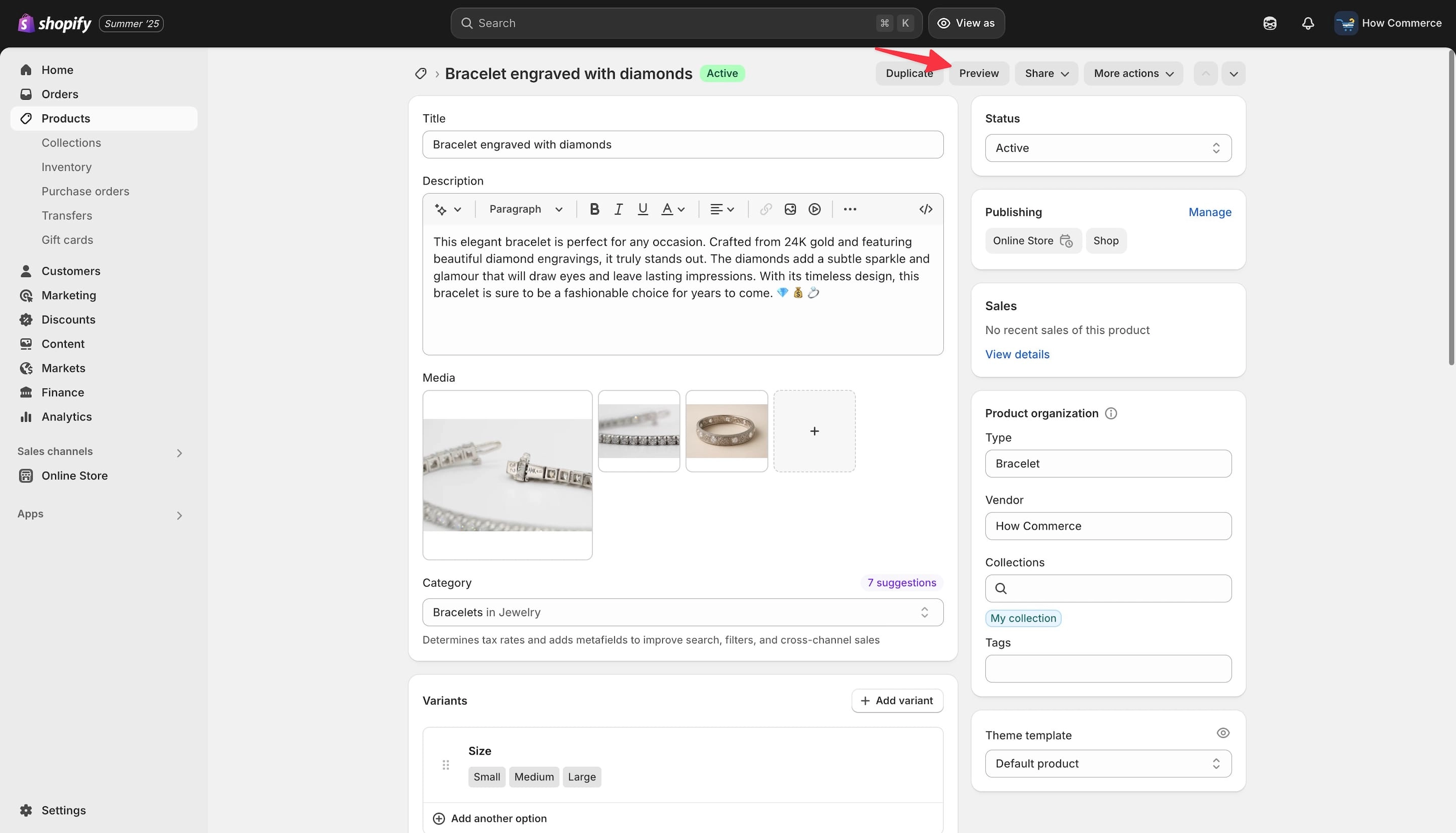 Preview button on the product page.