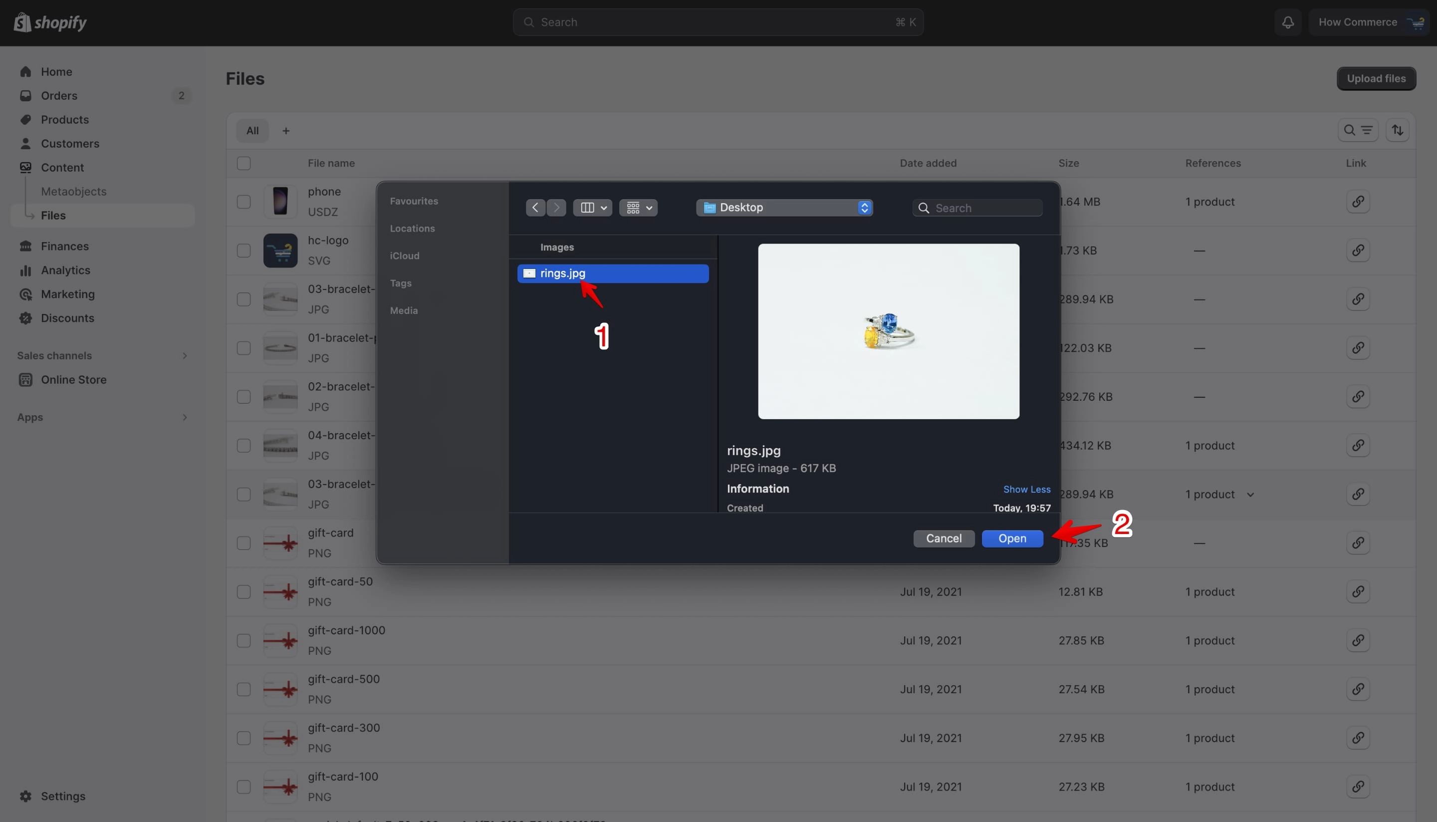 Choosing and confirming the upload of a product image on Shopify
