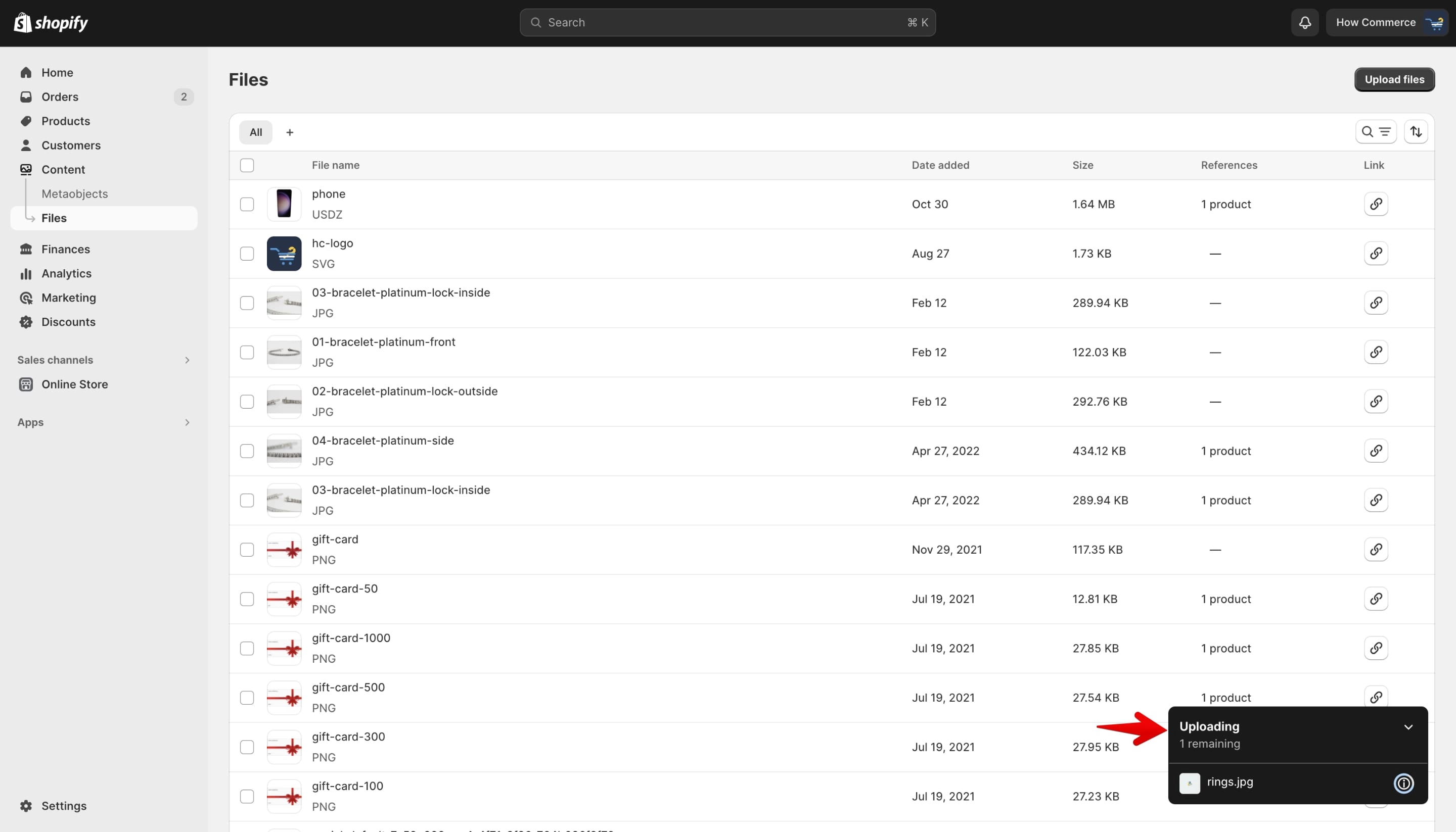 Uploading progress for a new product image uploaded on Shopify to the Files section