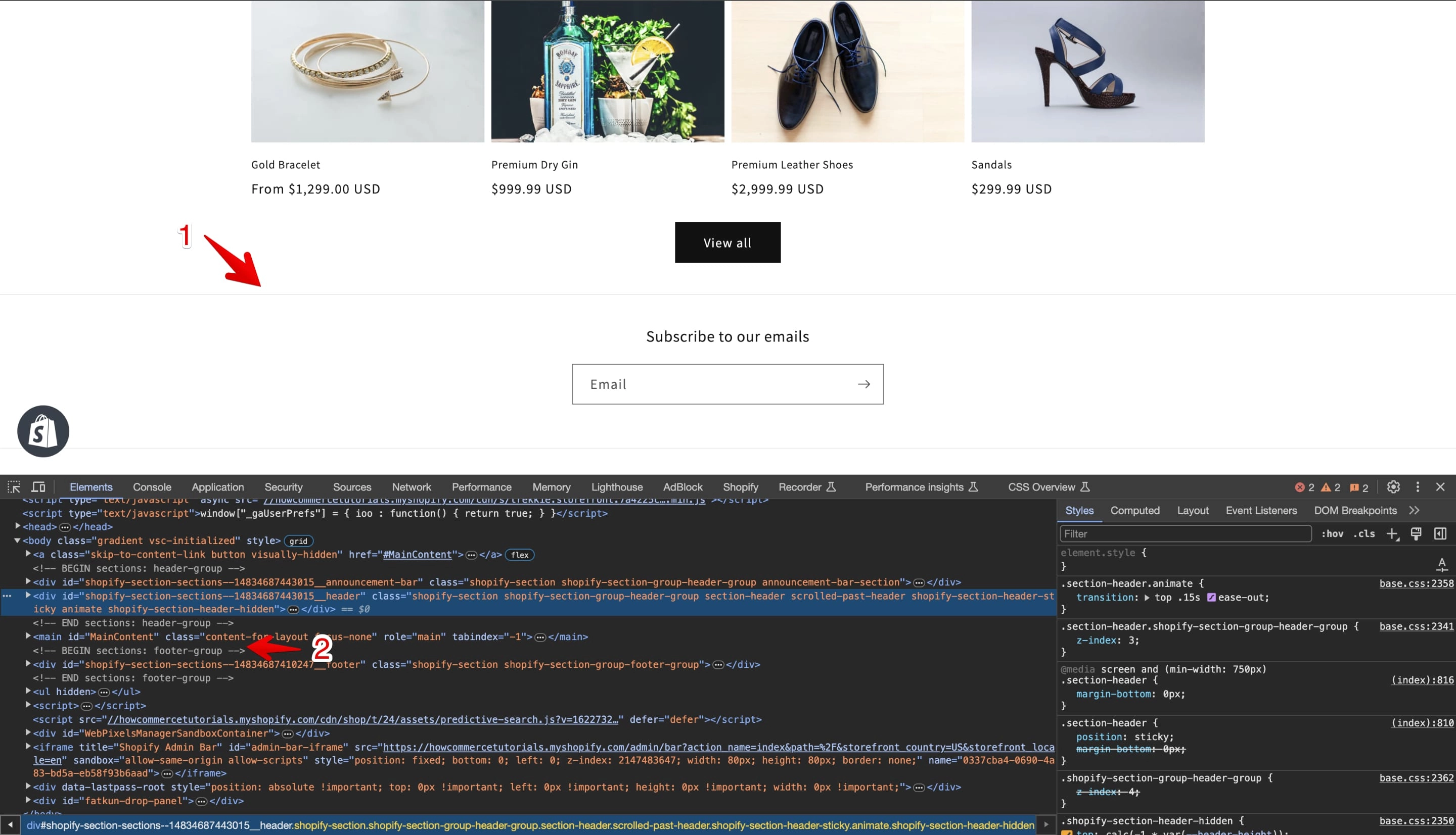Identifying the code insertion point for custom modifications on a Shopify storefront