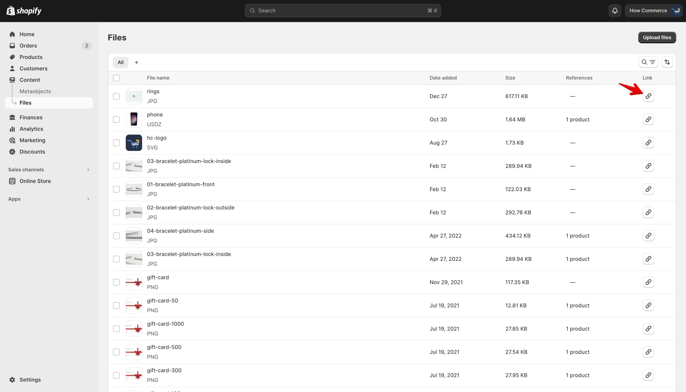 Copy Shopify image file link from Shopify Files section in admin